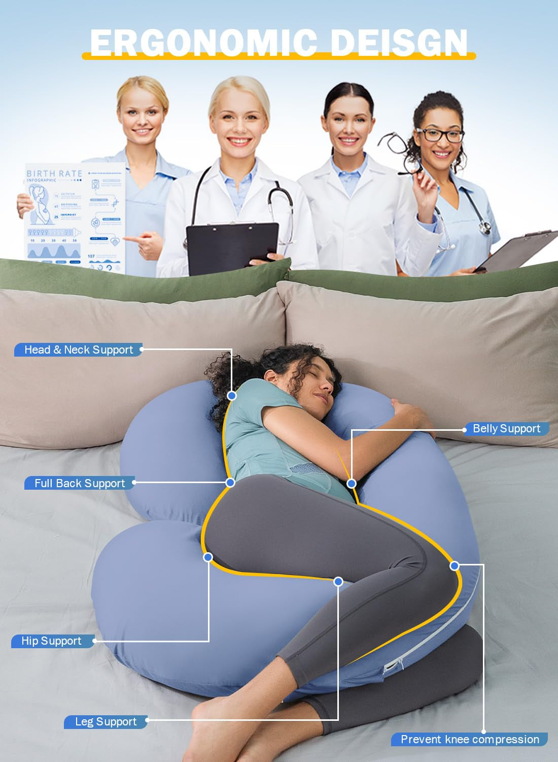 Pregnancy Pillow,Maternity Body Pillow with Velvet Cover,C Shaped for Side Sleeping (Cooling Blue)