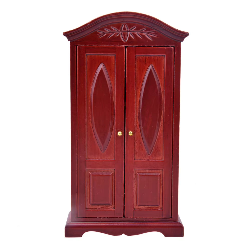 1:12 Mini Vintage Wooden Double Door Closet Wardrobe Dolls House Accessory Dollhouse Furniture Toys for Children Doll House Toys