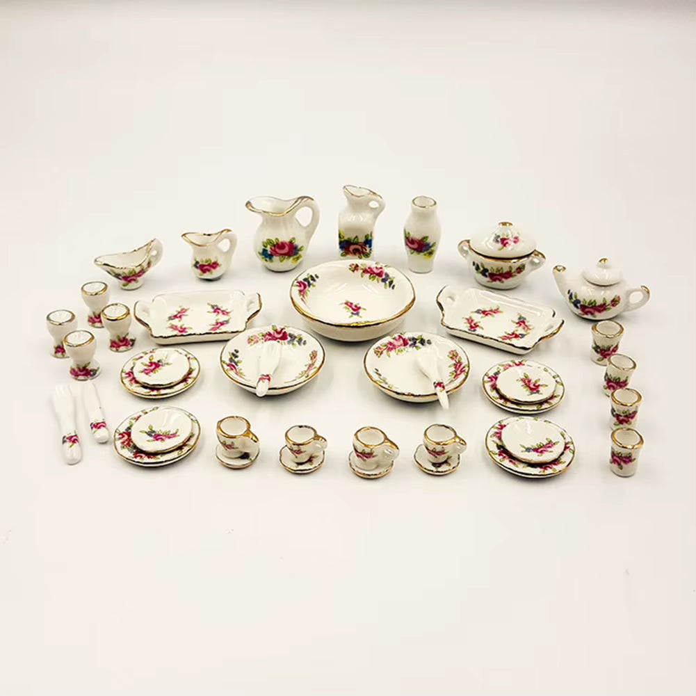Miniature Doll House Pink Flower Patten Porcelain Coffee Tea Cups Ceramic Tableware Dollhouse Kitchen Accessories