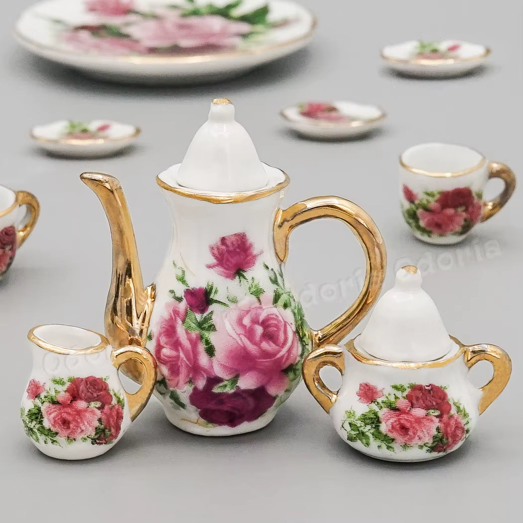 1:12 Miniature 8/17PCS Porcelain Rose Tea Cup Set Ceramic Tableware Teapot Kitchen Dollhouse Accessories Doll House Decor