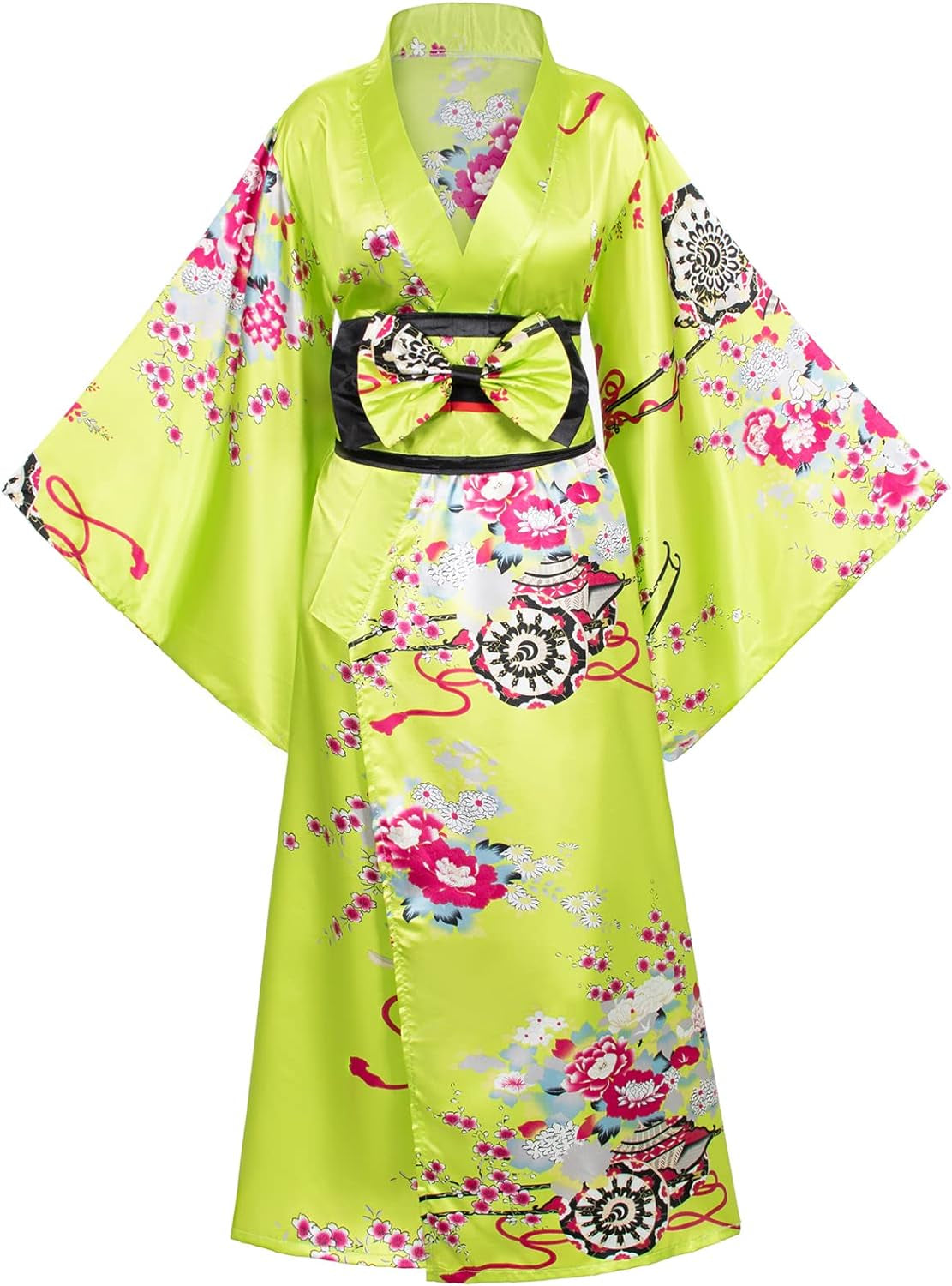 Japanese Anime Women'S Kimono Robe Geisha Yukata Sweet Dress Blossom Satin Bathrobe Sleepwear Fans Tabi Socks Set
