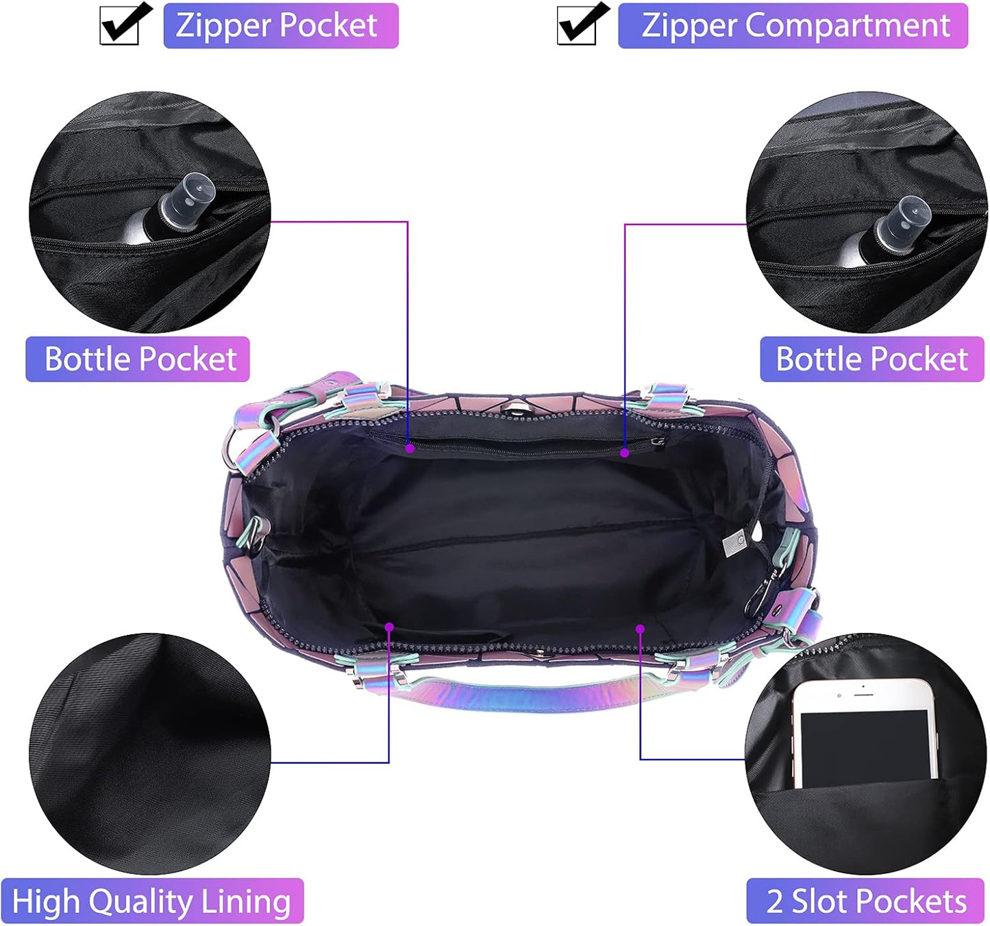 Geometric Luminous Purses and Handbags Holographic Reflective Crossbody Bag Wallet Flash Rainbow Backpack Tote