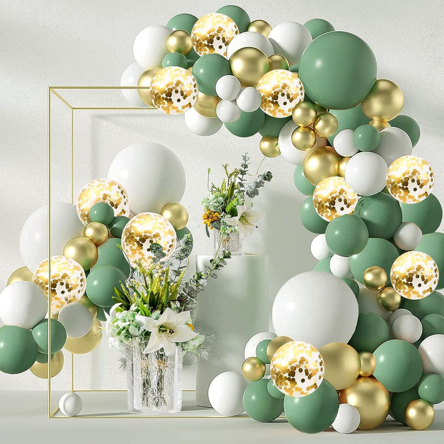 Sage Green White Gold Balloons Garland Arch Kit,126Pcs Sage Green Olive Green Latex Different Sizes 18 12 5 Inch Balloons for Birthday Baby Shower Gender Reveal Wedding Party Decoration