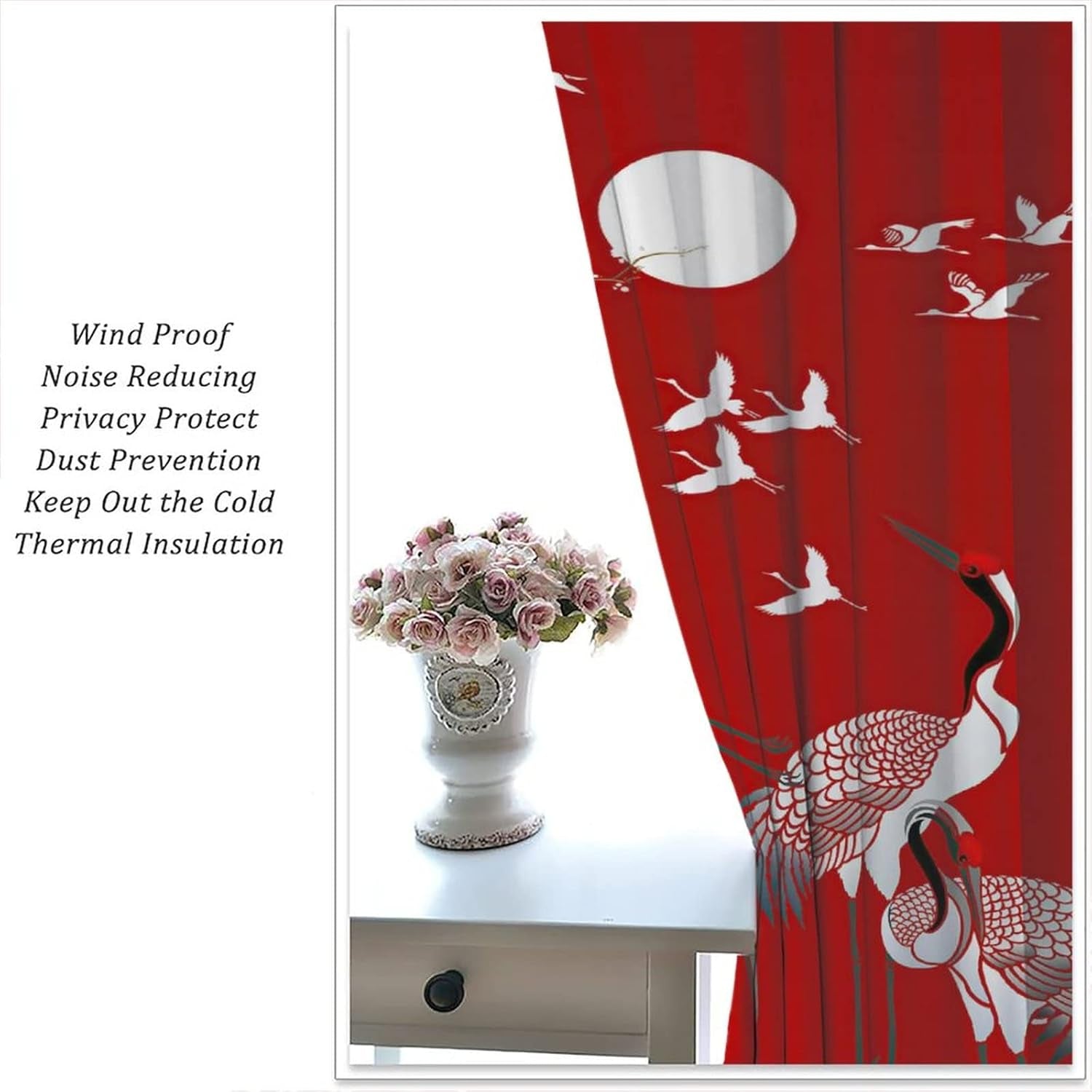 Japanese Style Blackout Curtains Crane Printed Curtains Cherry Blossoms Sunrise Decor Noise Reducing Curtain Blackout Draperies for Bedroom Window 42X63Inch(107X160Cm)