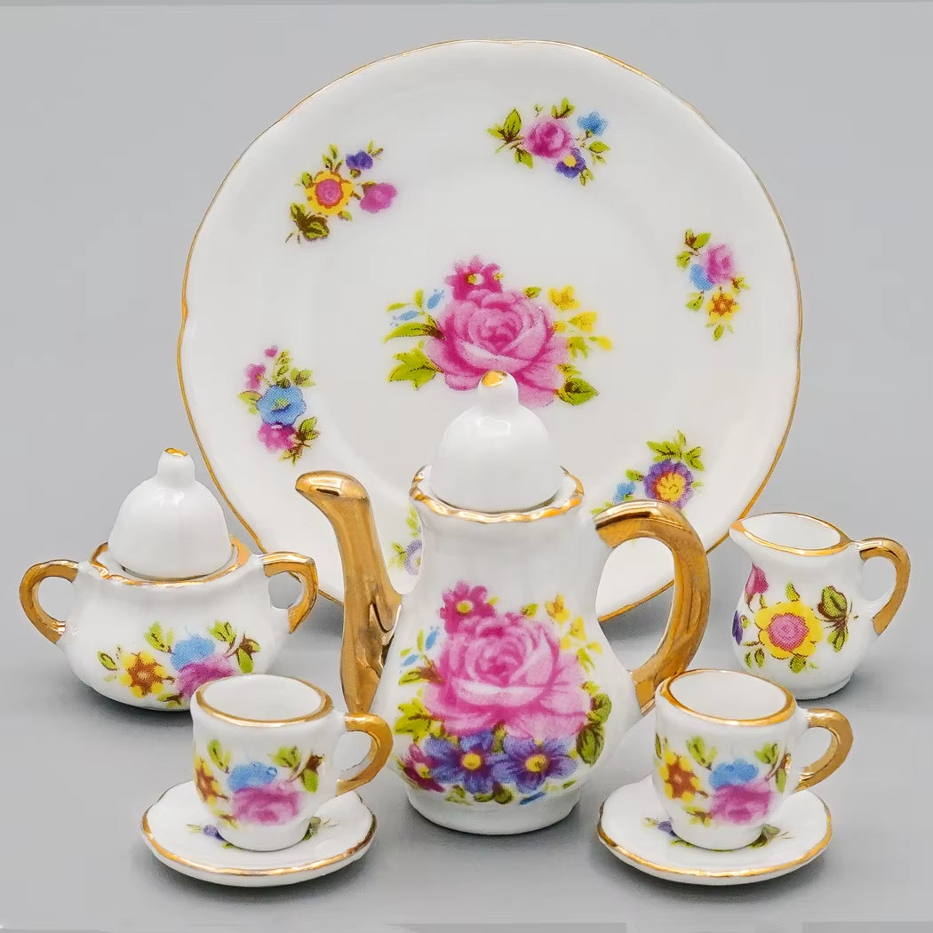 1:12 Miniature 8/17PCS Porcelain Rose Tea Cup Set Ceramic Tableware Teapot Kitchen Dollhouse Accessories Doll House Decor