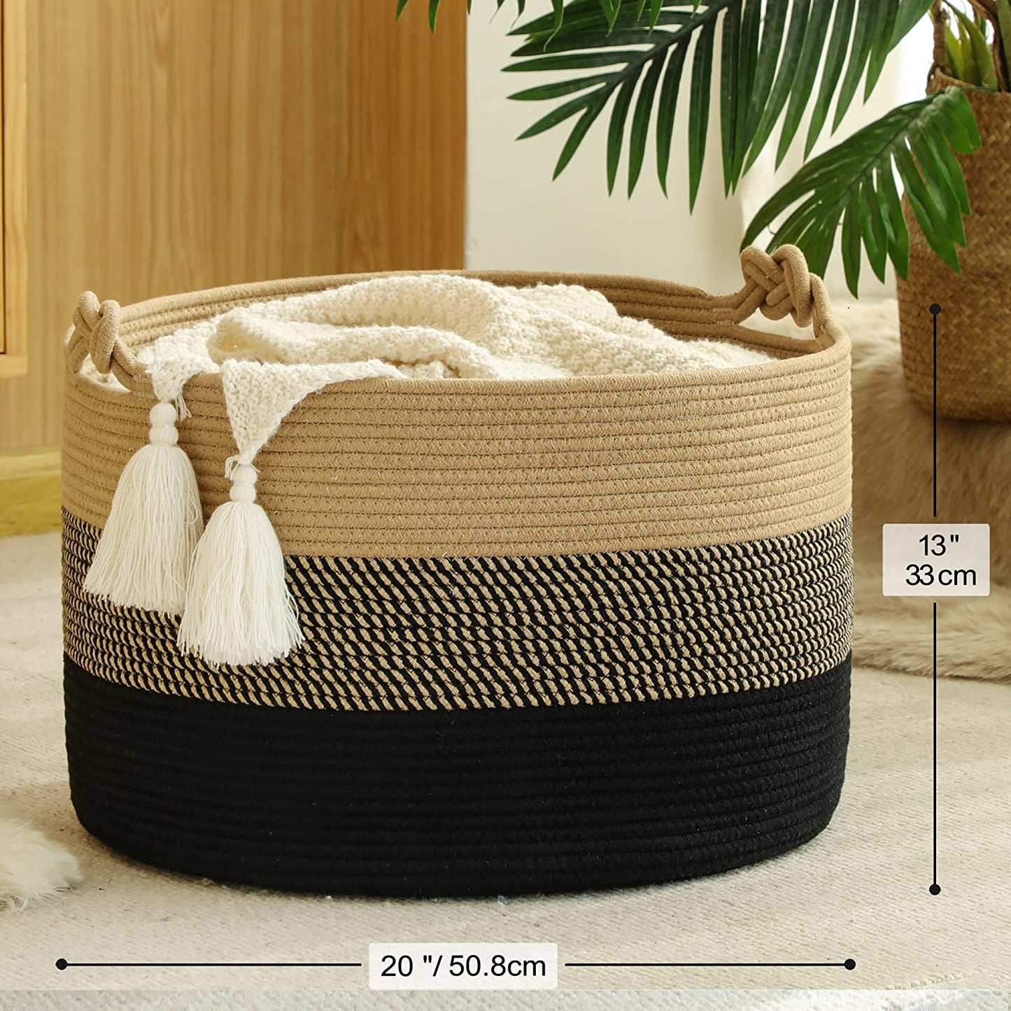 Large Blanket Basket (20"X13"),Woven Rope Baskets for Storage Baby Laundry Hamper, Cotton Rope Blanket Basket for Living Room, Laundry, Nursery, Pillows,Baby Toy Chest (Jute/Black)