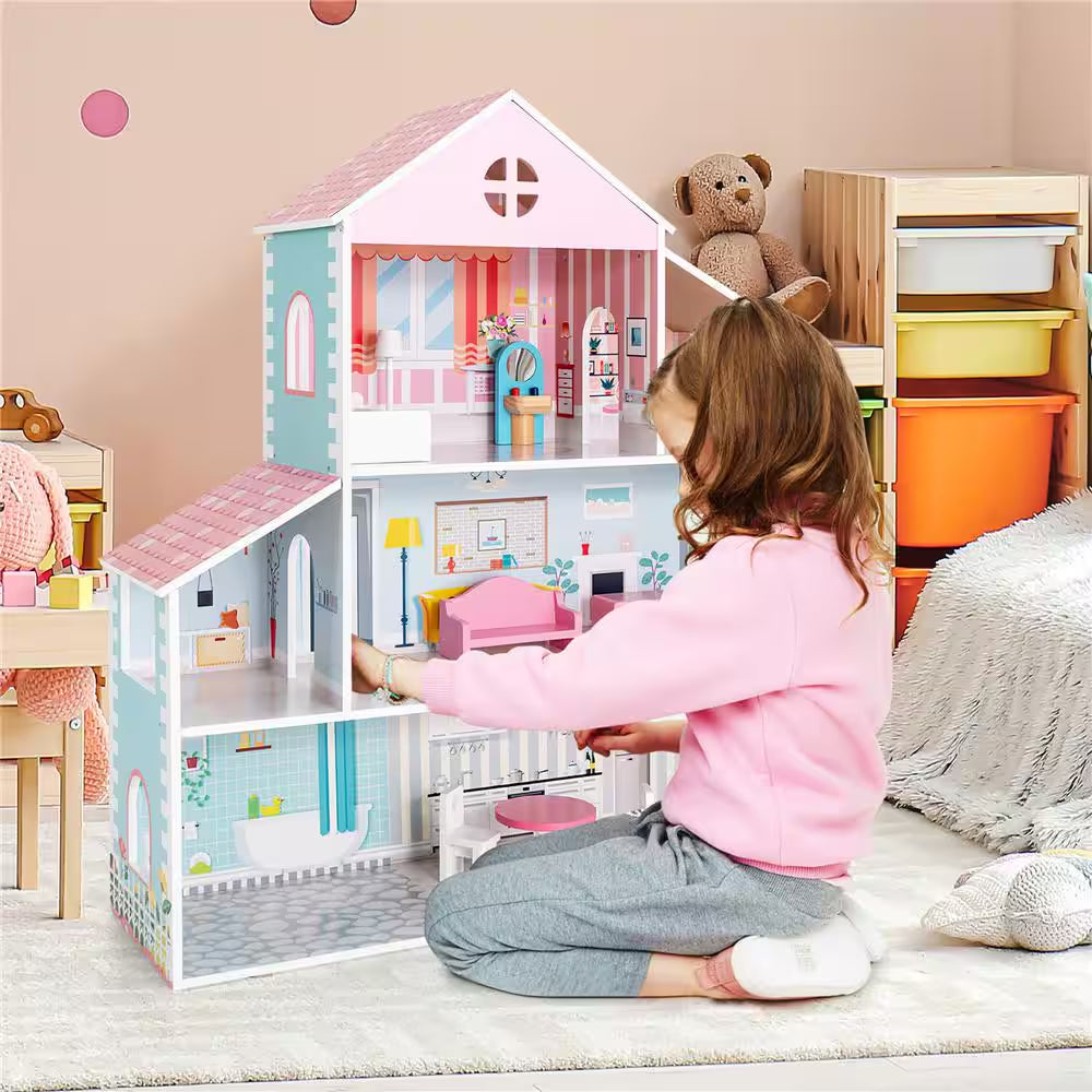 Wooden Dollhouse for Kids 3-Tier Toddler Doll House with Furniture Gift for Age 3 Plus