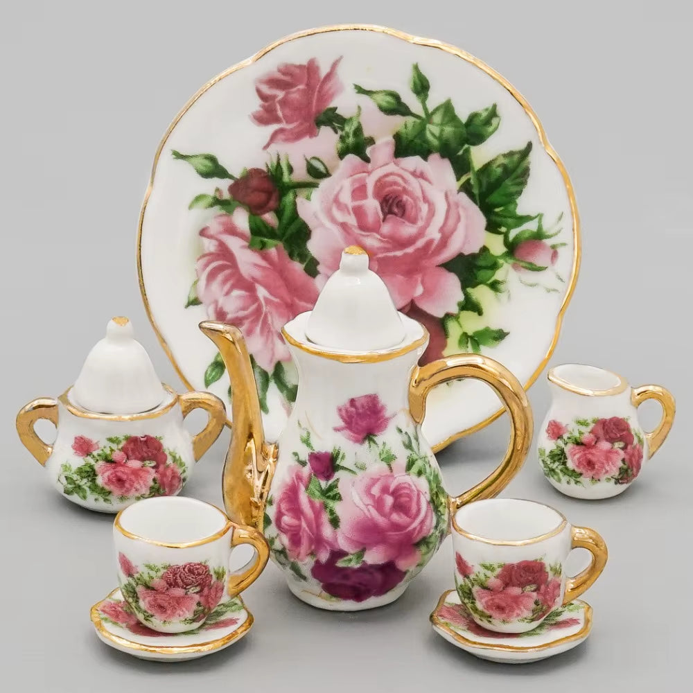 1:12 Miniature 8/17PCS Porcelain Rose Tea Cup Set Ceramic Tableware Teapot Kitchen Dollhouse Accessories Doll House Decor