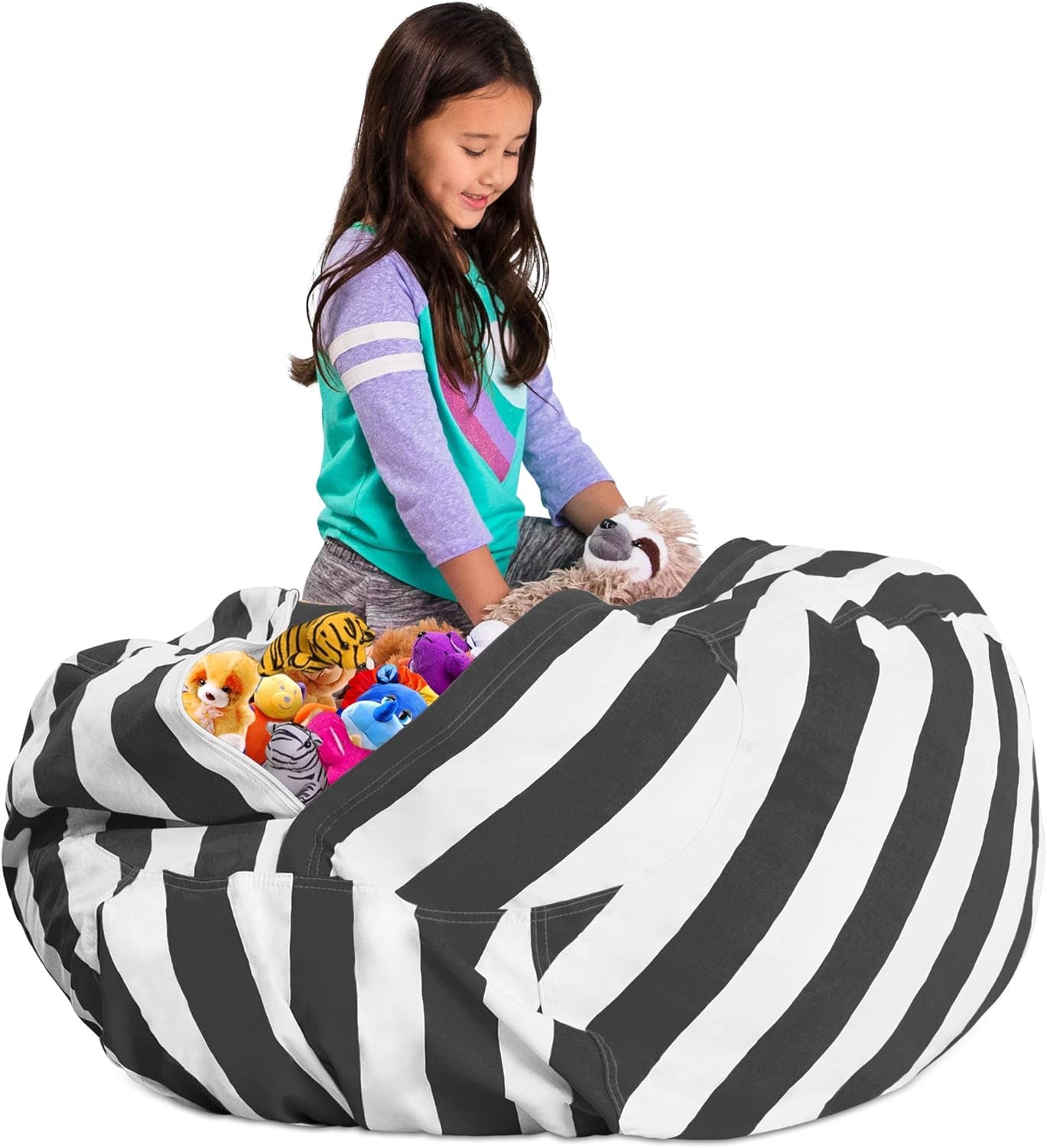 Posh Stuffable Kids Stuffed Animal Storage Bean Bag Chair Cover - Childrens Toy Organizer, X-Large 48" - Canvas Stripes Gray and White