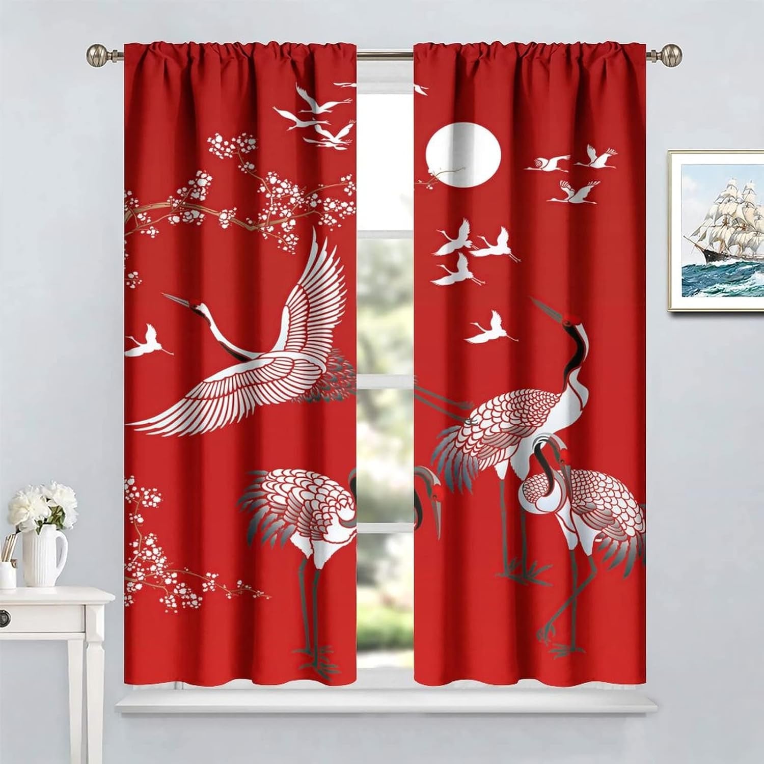 Japanese Style Blackout Curtains Crane Printed Curtains Cherry Blossoms Sunrise Decor Noise Reducing Curtain Blackout Draperies for Bedroom Window 42X63Inch(107X160Cm)