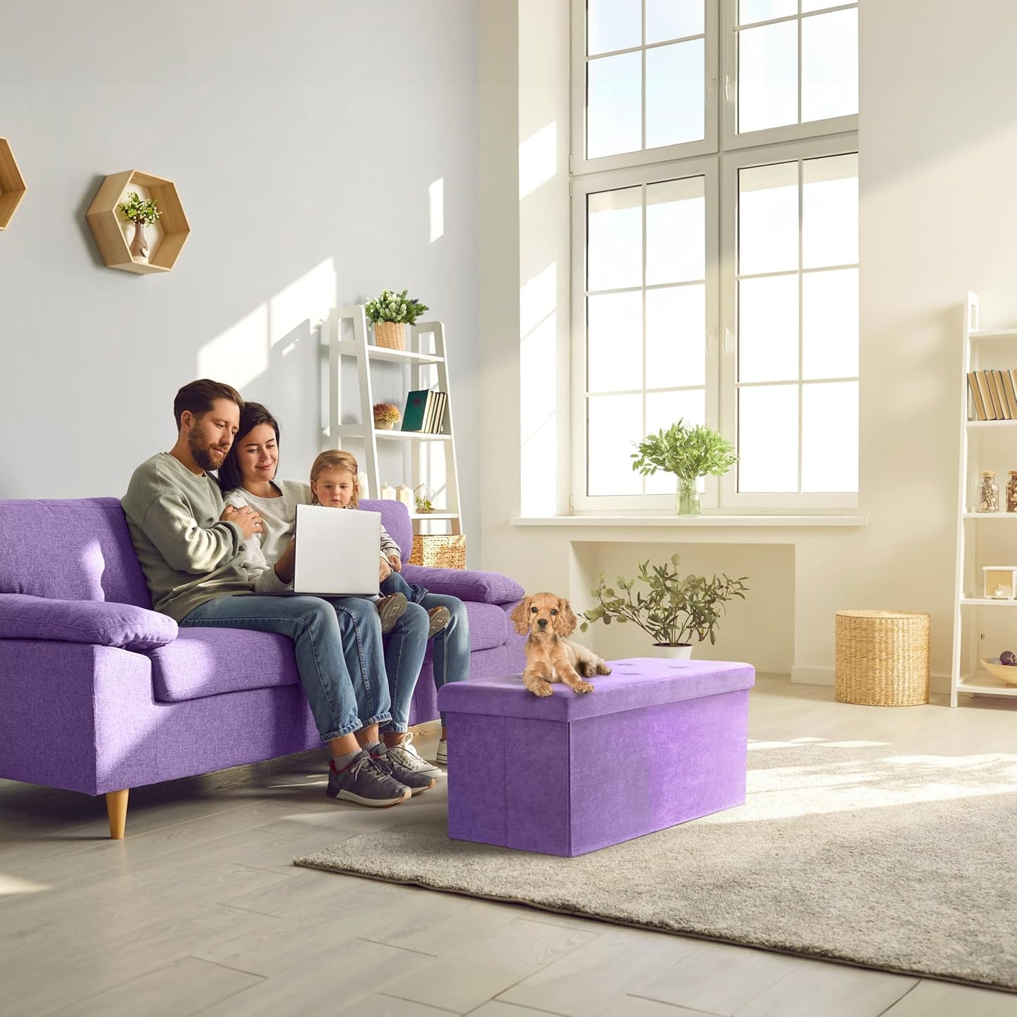 Storage Ottoman Bench – Collapsible/Folding Bench Chest with Cover – Perfect Toy and Shoe Chest, Hope Chest, Pouffe Ottoman, Seat, Foot Rest, – Contemporary Faux Suede (Purple)