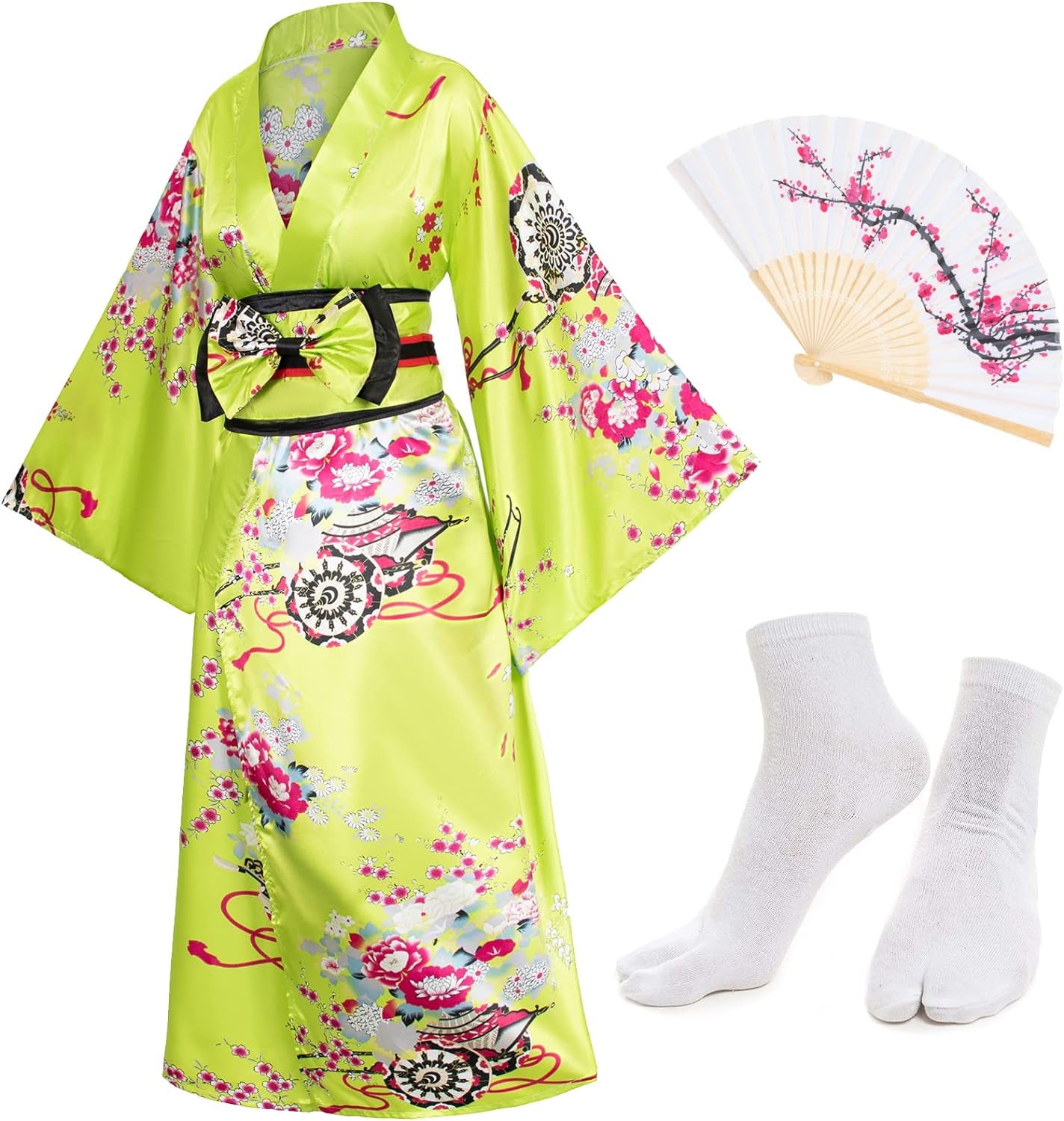Japanese Anime Women'S Kimono Robe Geisha Yukata Sweet Dress Blossom Satin Bathrobe Sleepwear Fans Tabi Socks Set