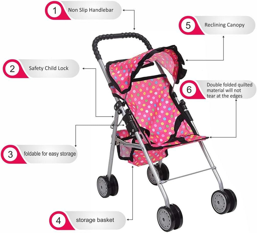 - My First Baby Doll Stroller - Pink Polka Dot Doll Stroller with Basket- Soft Grib Handle. Foldable with Hood Toy Doll Pram Baby Doll Accessories. with 2 Free Bonus Doll Bottles Included