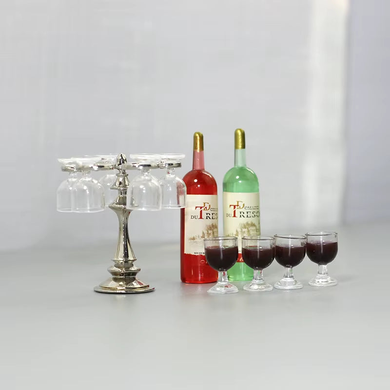 1 Set Miniature Dollhouse Bar Counter Mini Wine Bottle Champagne Glass Holder Rack Play Kitchen Furniture Toy Doll Accessories