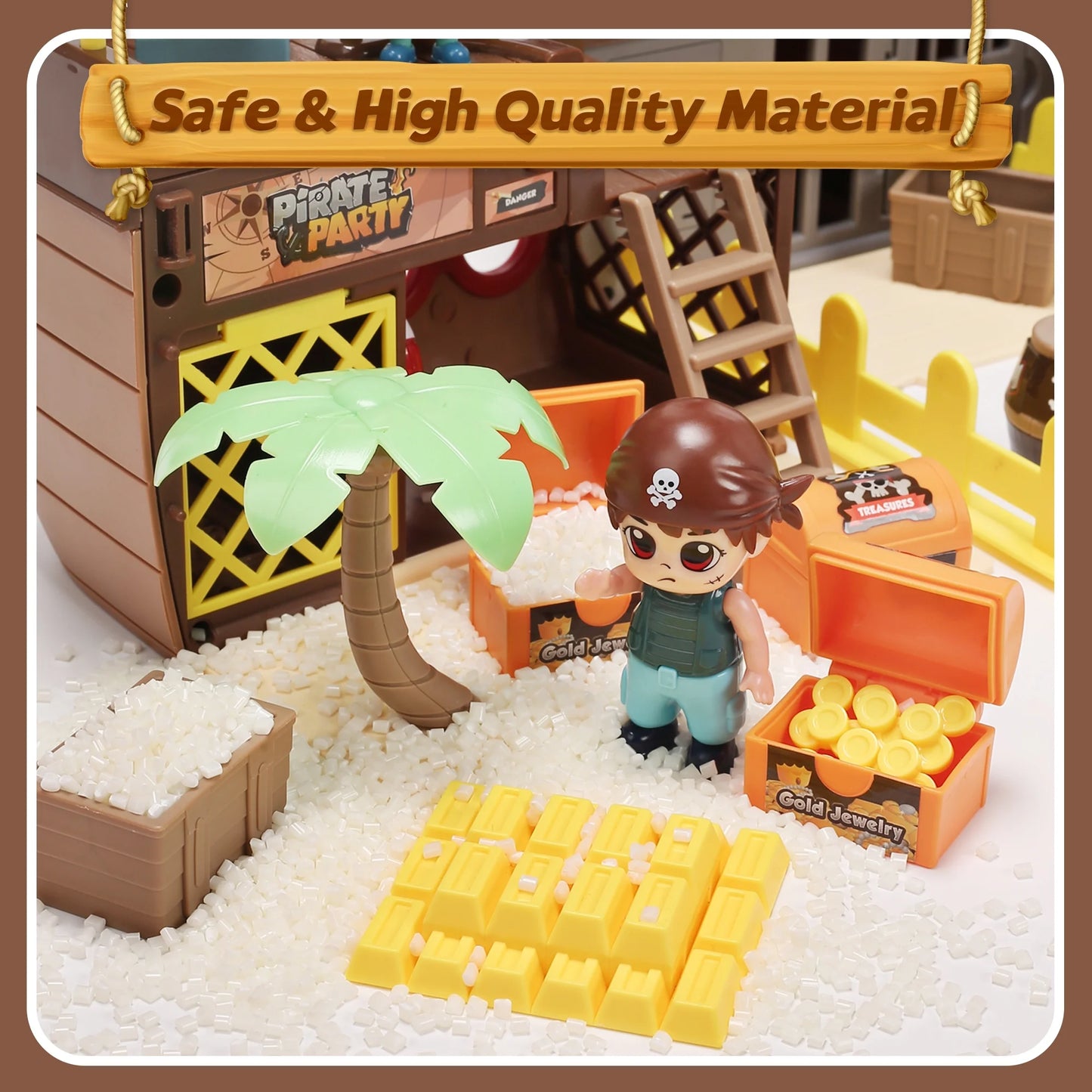 Brown Pirate Boat Toys for Kids, Toy Ship for Pirate Playhouse, Creative Building Toys, Great Birthday Gift for Boys & Girls Ages 3+