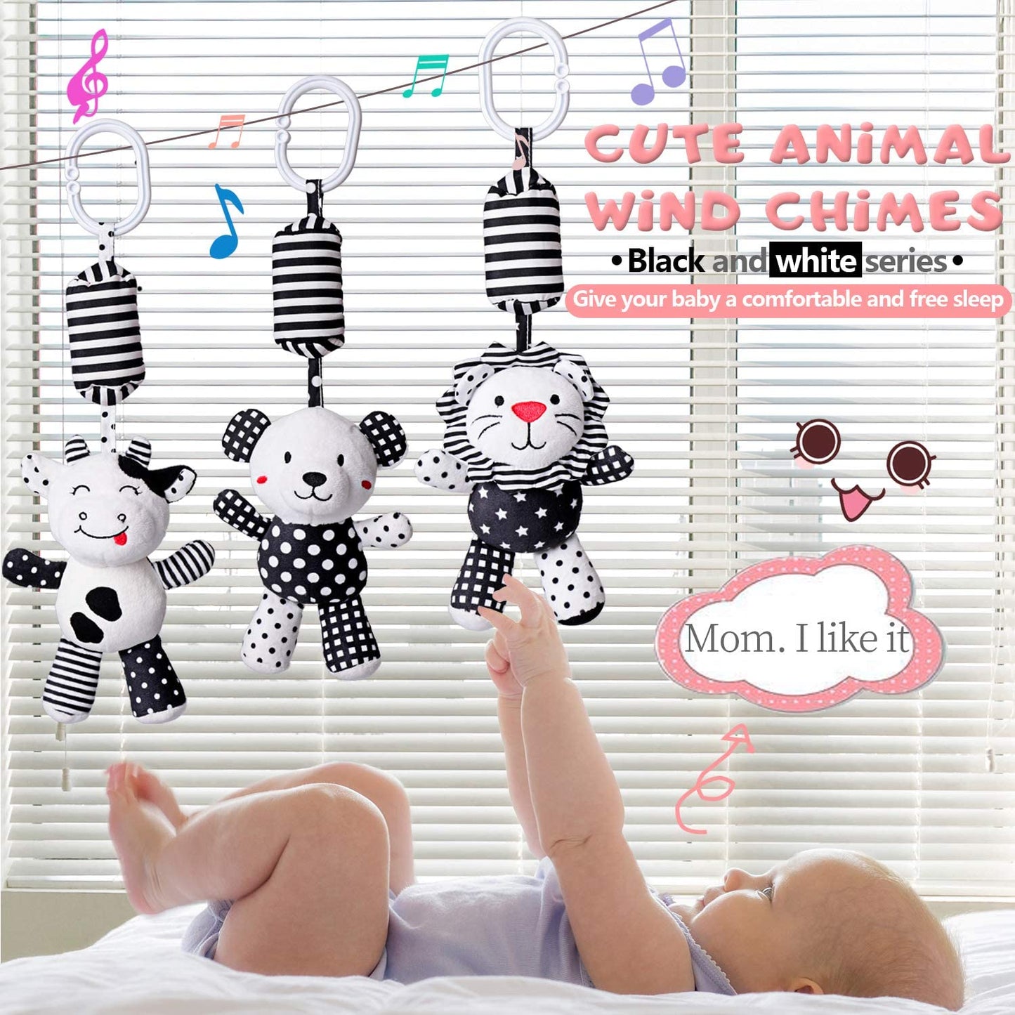 Baby Toy Cartoon Animal Stuffed Hanging Rattle Toys, Baby Bed Crib Car Seat Travel Stroller Soft Plush Toys with Wind Chimes, Best Birthday Gift for Newborn 0-18 Month