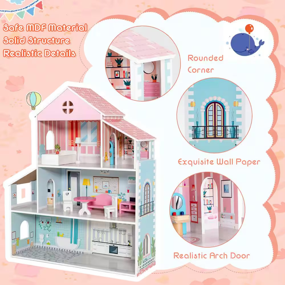 Wooden Dollhouse for Kids 3-Tier Toddler Doll House with Furniture Gift for Age 3 Plus