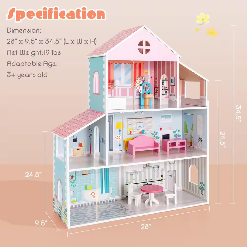 Wooden Dollhouse for Kids 3-Tier Toddler Doll House with Furniture Gift for Age 3 Plus