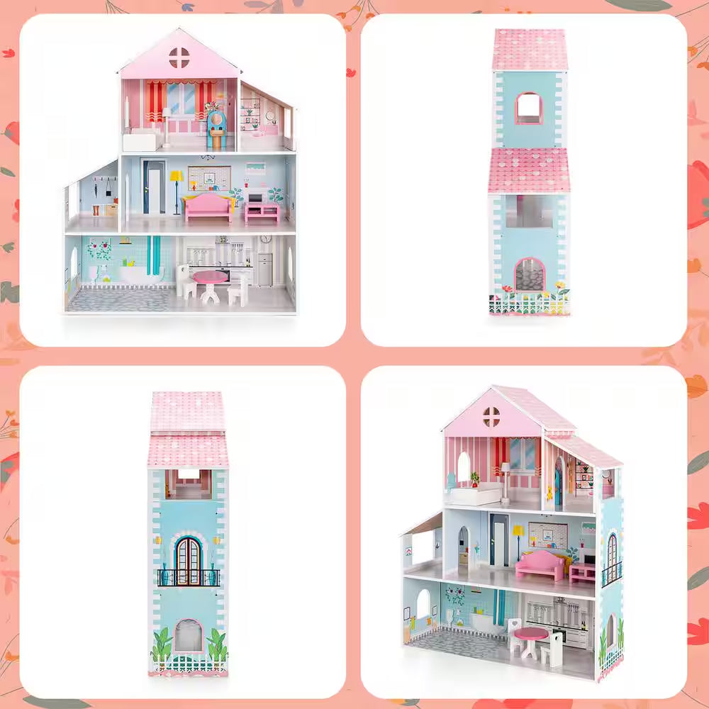 Wooden Dollhouse for Kids 3-Tier Toddler Doll House with Furniture Gift for Age 3 Plus