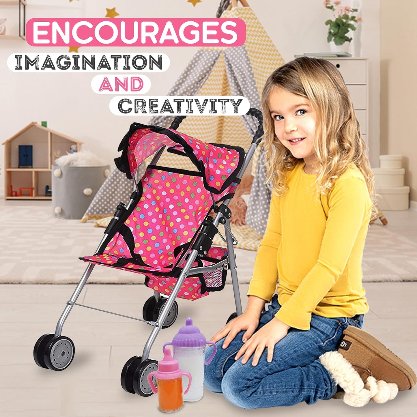 - My First Baby Doll Stroller - Pink Polka Dot Doll Stroller with Basket- Soft Grib Handle. Foldable with Hood Toy Doll Pram Baby Doll Accessories. with 2 Free Bonus Doll Bottles Included