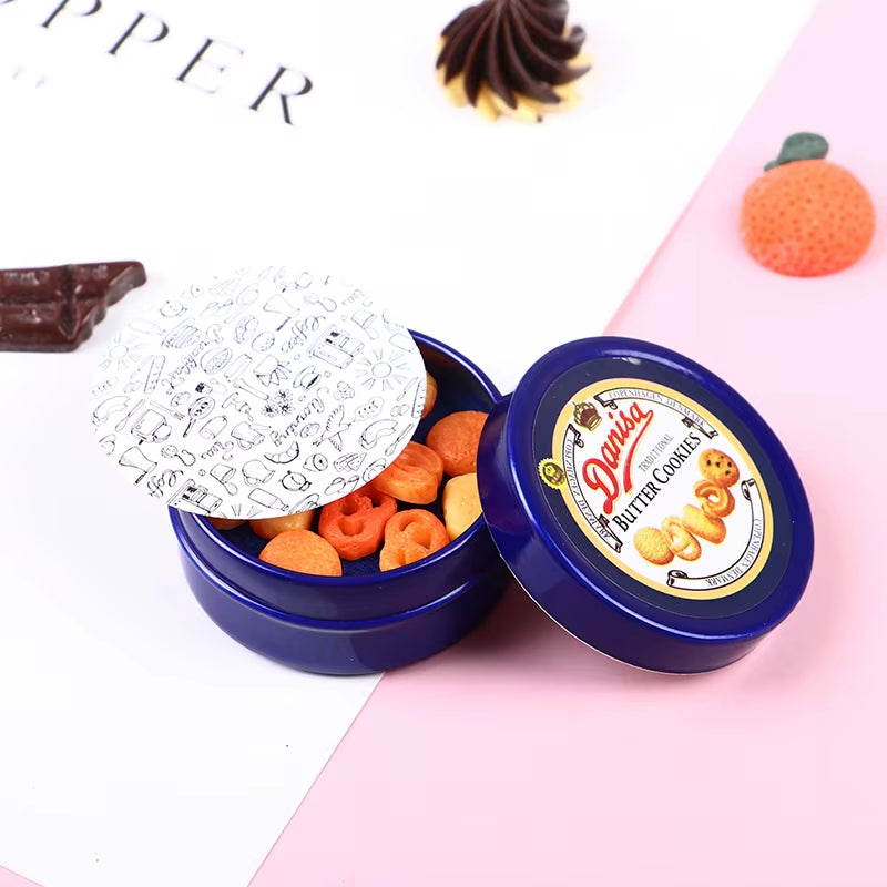 1Pcs 1/12 Dollhouse Miniature Danish Cookie Blue Tin Box Model Set Kitchen Accessories for Doll House Decor Kids Toys Gift