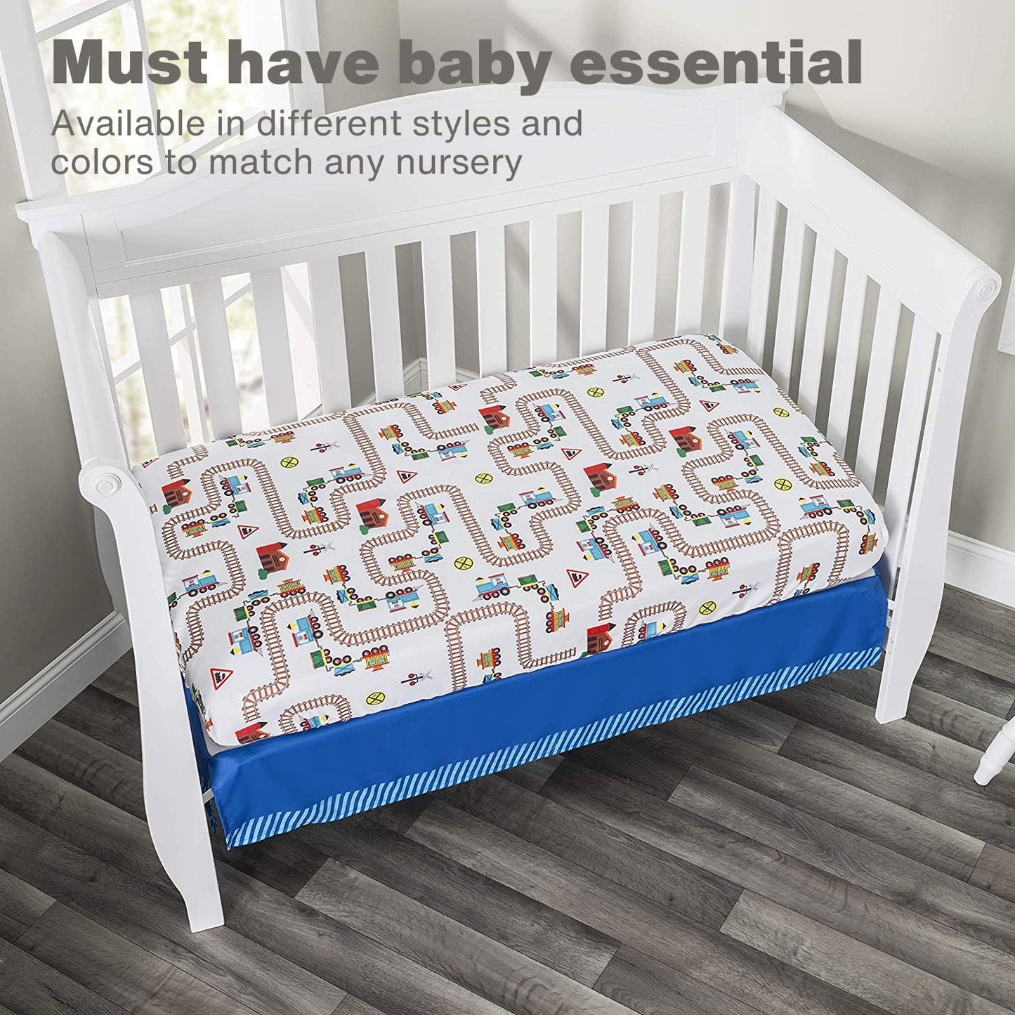 2 Pack Fitted Boys Crib Sheet, 100% Soft Breathable Sheet, Fits Standard Size Crib Mattress 28In X 52In, Nursery Sheet - Train/Light Blue