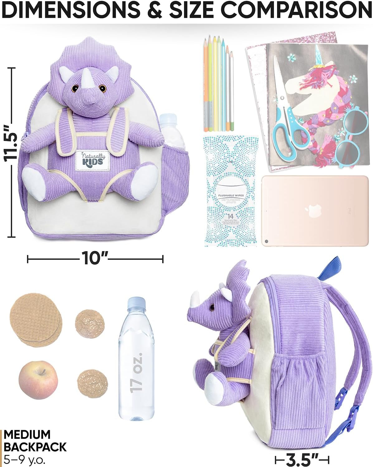 Purple Dinosaur Backpack for Girls 4-5, Triceratops Backpack, Dinosaur Gifts for 4-5 Year Old Girls