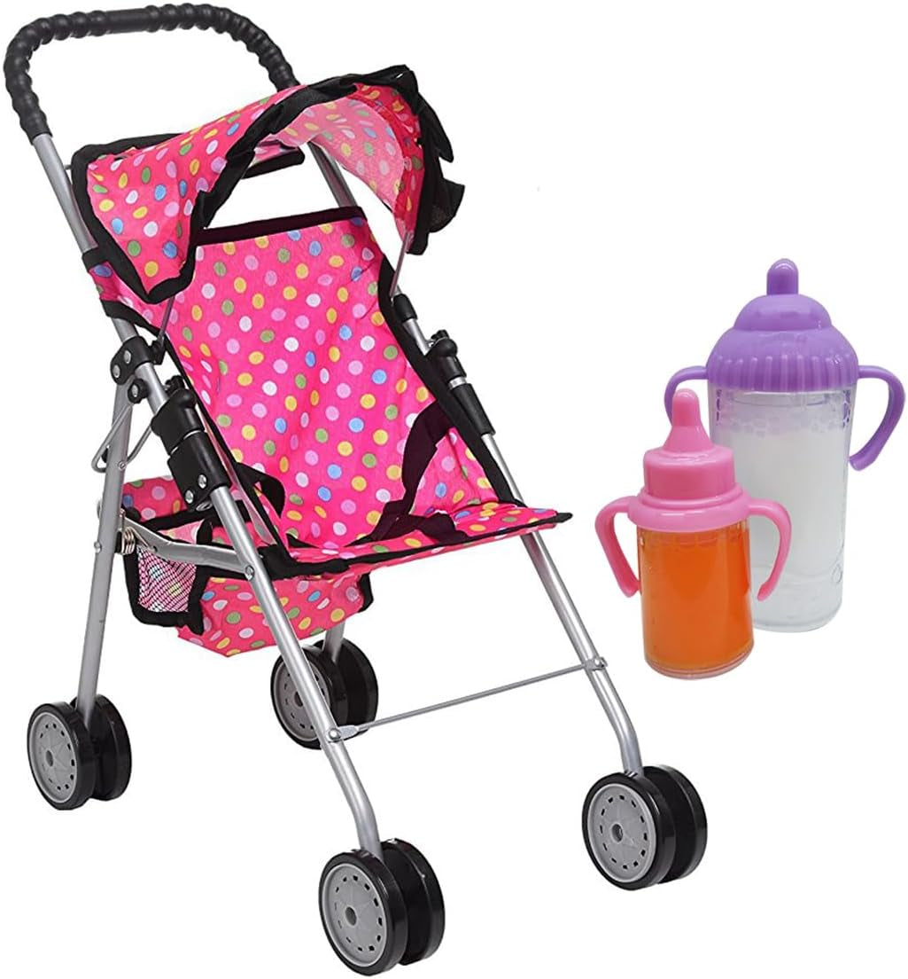- My First Baby Doll Stroller - Pink Polka Dot Doll Stroller with Basket- Soft Grib Handle. Foldable with Hood Toy Doll Pram Baby Doll Accessories. with 2 Free Bonus Doll Bottles Included