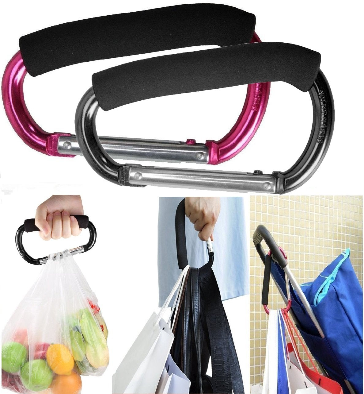 Large Stroller Hooks for Mommy, 2 Pcs Carabiner Stroller Hook Organizer for Hanging Purses, Diaper Bag, Shopping Bags. Clip Fits Single/Twin Travel Systems, Car Seats (Black+Rose)