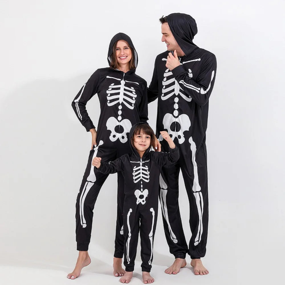 Matching Halloween Pajamas Family Skeleton Jumpsuit Halloween Hooded One-Piece Zipper Sleepwear Holiday Loungewear for Men Women Kids