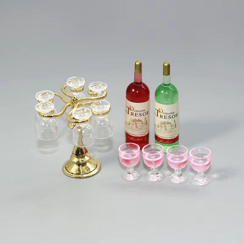 1 Set Miniature Dollhouse Bar Counter Mini Wine Bottle Champagne Glass Holder Rack Play Kitchen Furniture Toy Doll Accessories
