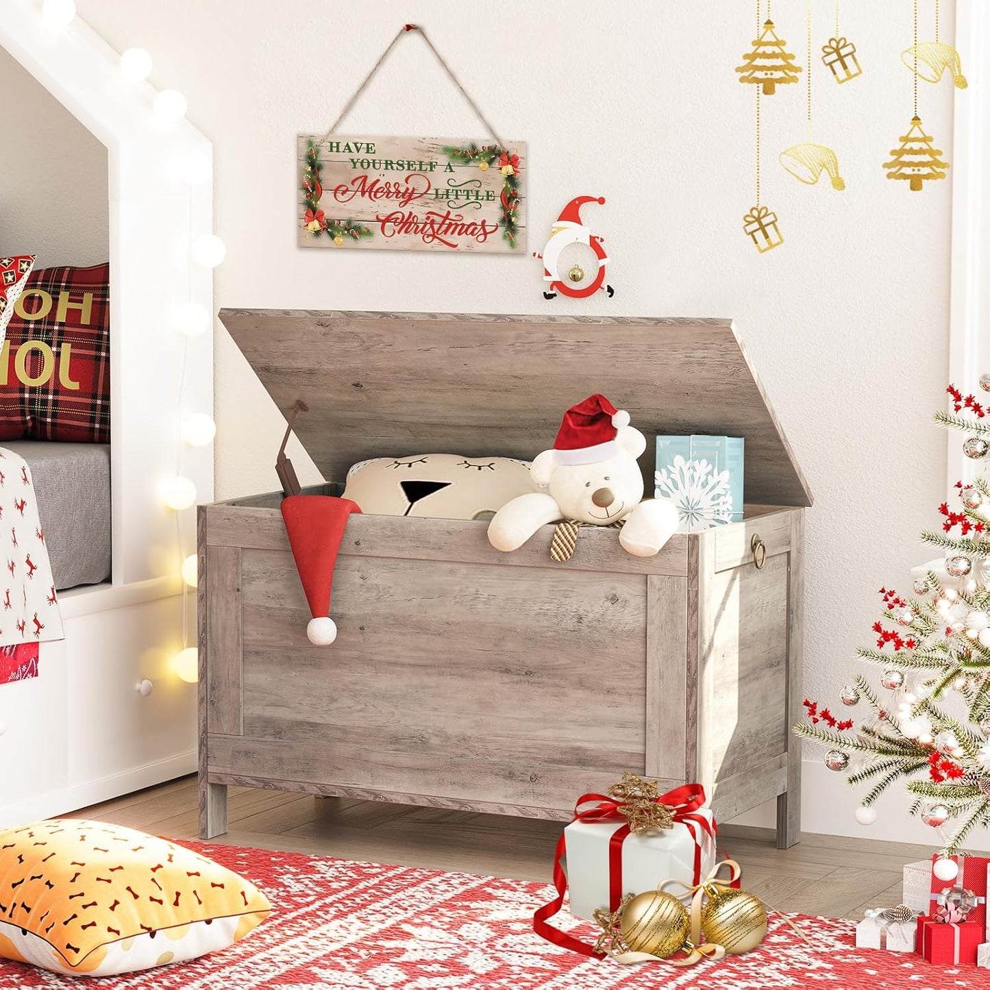 Toy Box, Retro Wooden Look Storage Chest with Safety Hinge, Entryway Storage Bench Supports 220 Lb, 29.9 X 15.7 X 18.9 Inches Toy Chest Organizer, Easy Assembly (Greige) BG75CW01G1