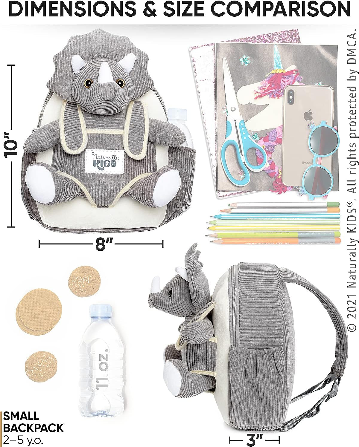 Grey Dinosaur Toys for Girls, Triceratops Toy, Dinosaur Gifts for 2 3 Year Old Girls, Toddler Backpack
