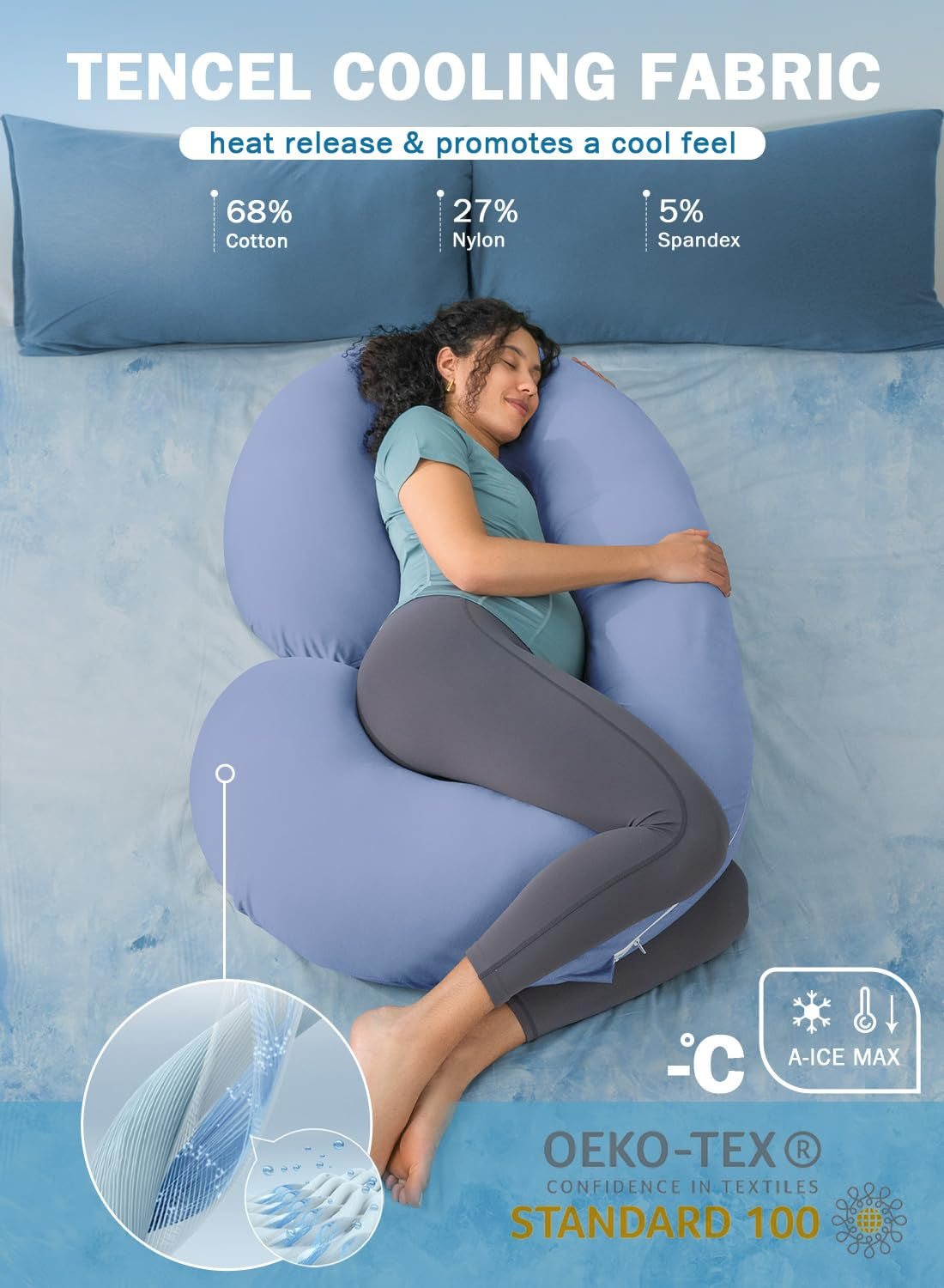 Pregnancy Pillow,Maternity Body Pillow with Velvet Cover,C Shaped for Side Sleeping (Cooling Blue)