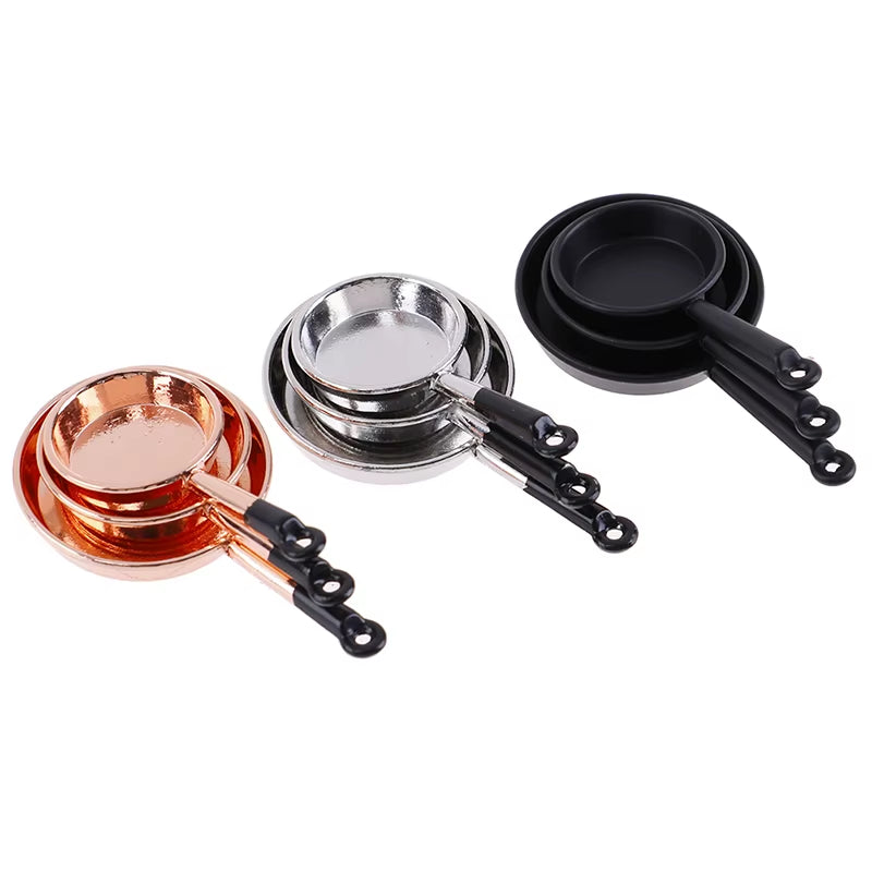 1/12 Scale Vintage 3Pcs Dollhouse Miniature Metal Frypan Frying Pans Cooking Pot Cookware Kitchen Accessory