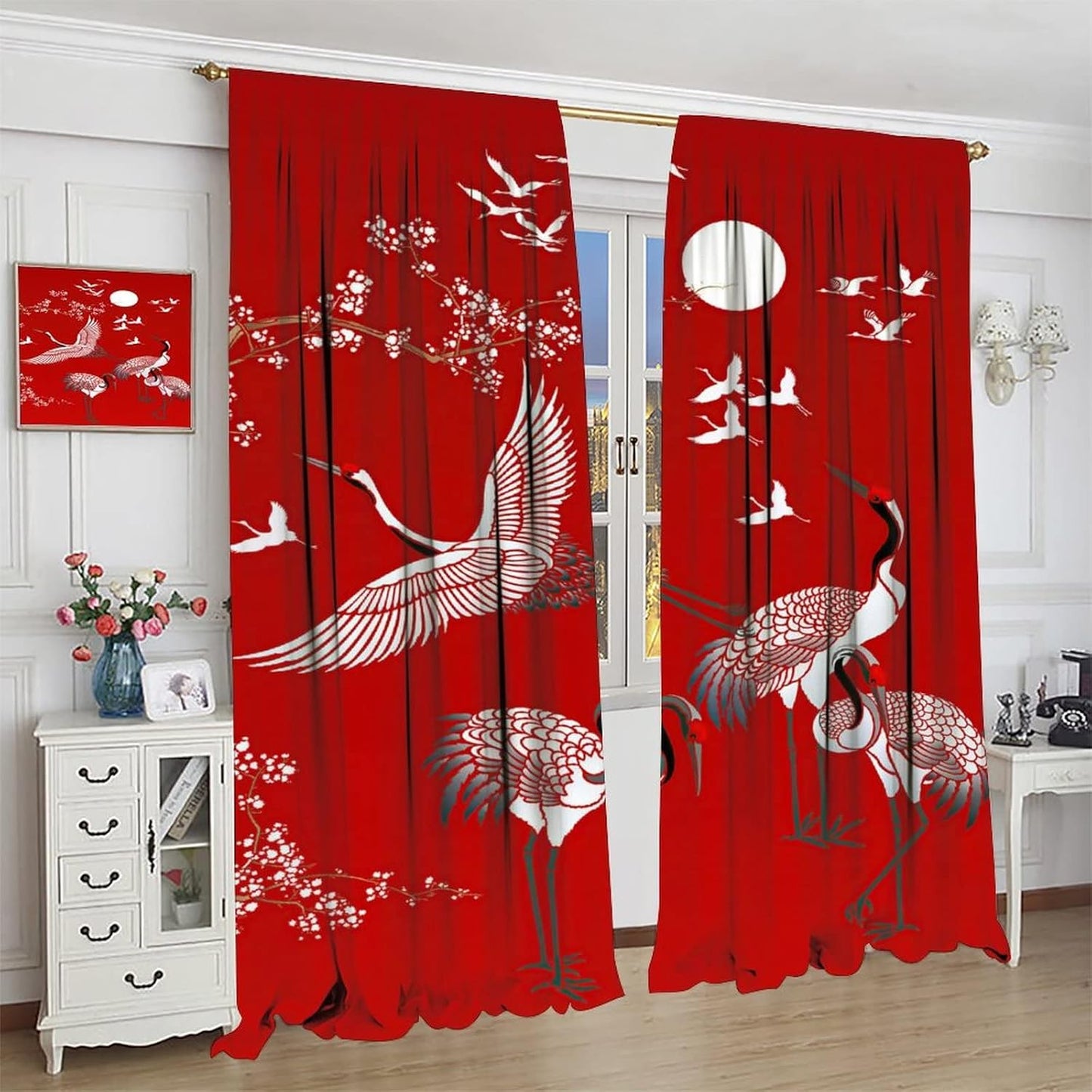 Japanese Style Blackout Curtains Crane Printed Curtains Cherry Blossoms Sunrise Decor Noise Reducing Curtain Blackout Draperies for Bedroom Window 42X63Inch(107X160Cm)