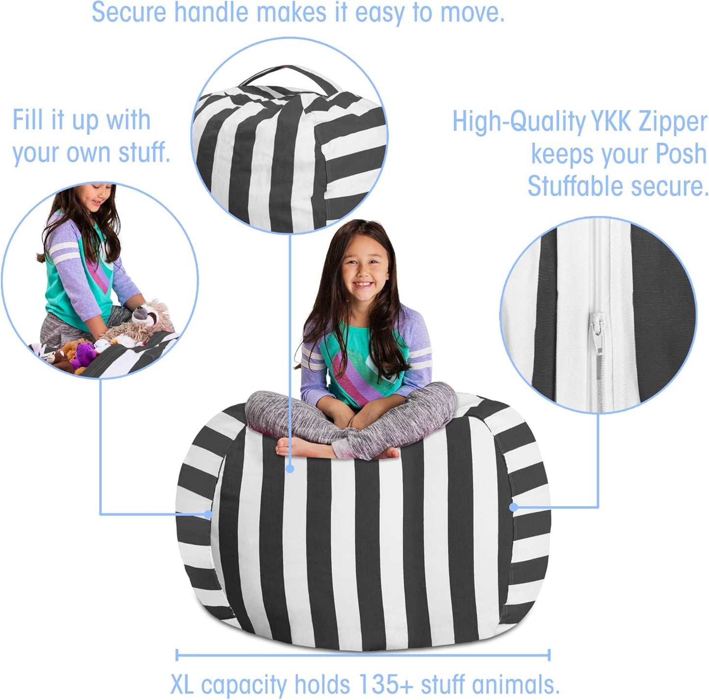 Posh Stuffable Kids Stuffed Animal Storage Bean Bag Chair Cover - Childrens Toy Organizer, X-Large 48" - Canvas Stripes Gray and White