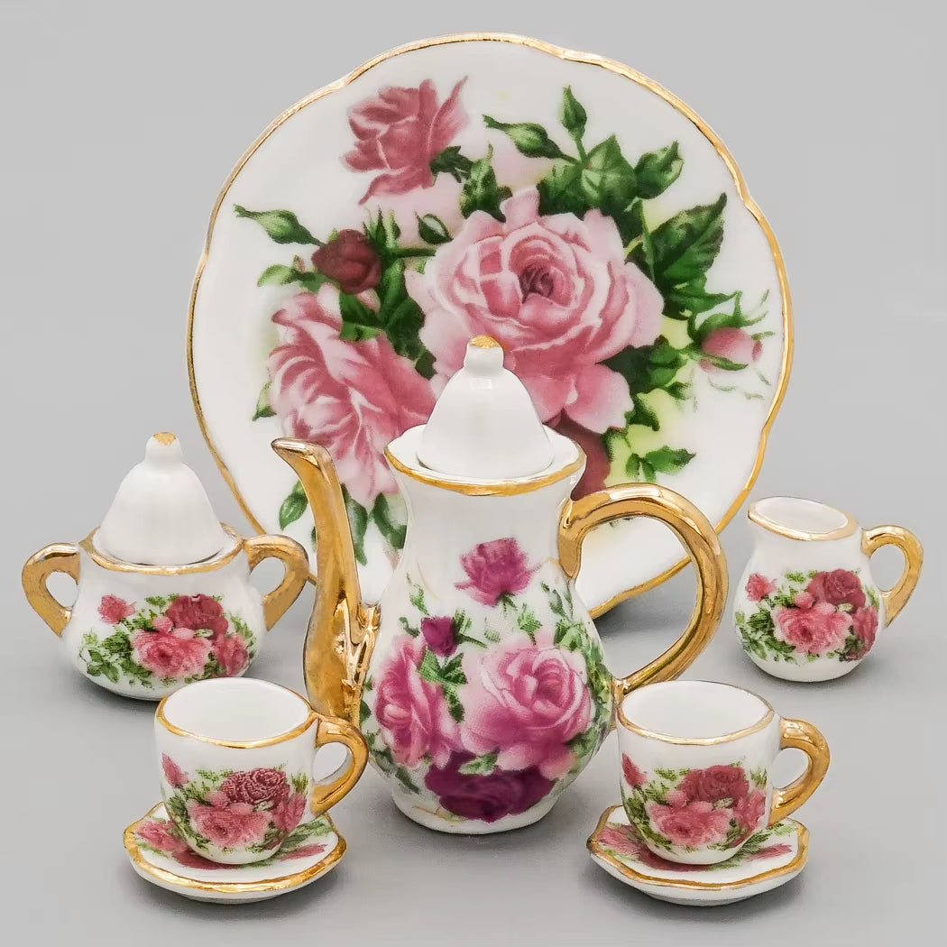 1:12 Miniature 8/17PCS Porcelain Rose Tea Cup Set Ceramic Tableware Teapot Kitchen Dollhouse Accessories Doll House Decor