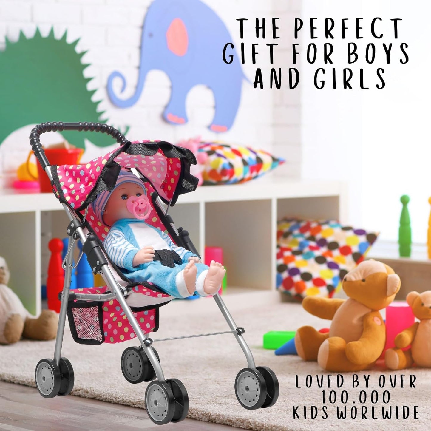 - My First Baby Doll Stroller - Pink Polka Dot Doll Stroller with Basket- Soft Grib Handle. Foldable with Hood Toy Doll Pram Baby Doll Accessories. with 2 Free Bonus Doll Bottles Included