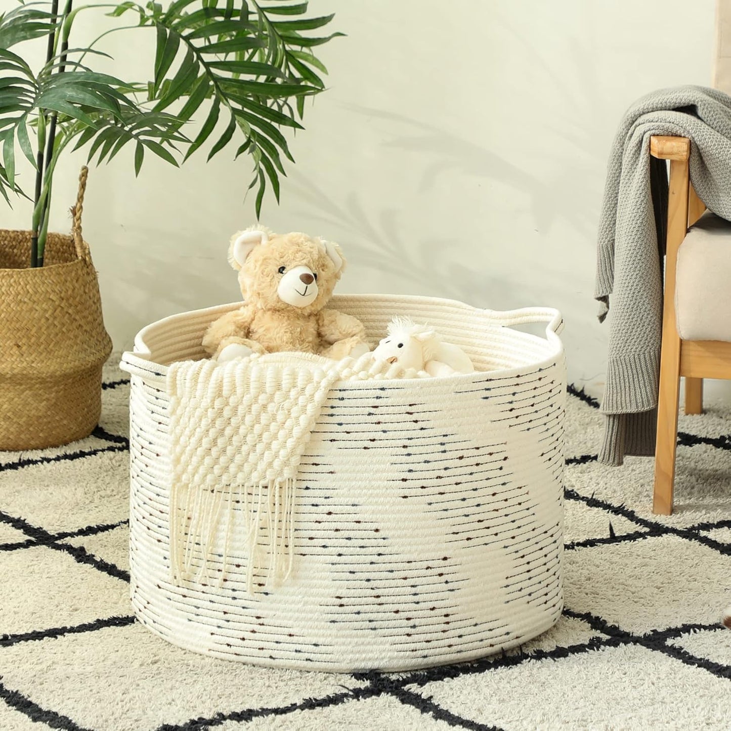 Large Blanket Basket (20"X13"),Woven Baskets for Storage Baby Laundry Hamper,Cotton Rope Blanket Basket for Living Room, Laundry, Nursery, Pillows, off White with Blue & Brown Dotted Pattern