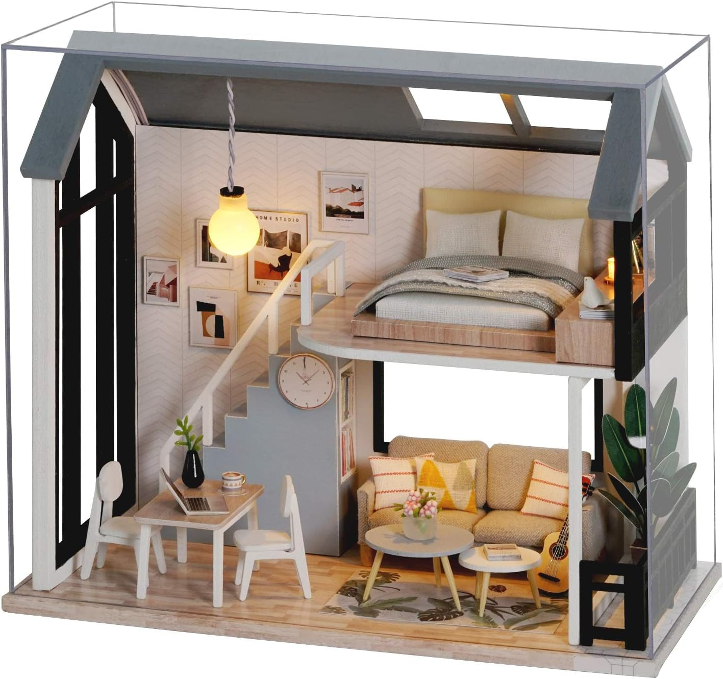 DIY Doll Room Miniature Furniture Wooden House Kit - Wooden Dolls House Kit with Dust Cover and Accessories - QL Nordic Apartment Dollhouse (Meet Happiness) - Idea Suitable Room (QL002)