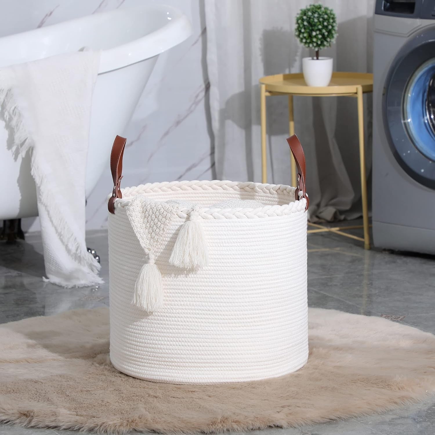 Large Blanket Basket (18"X16"),Woven Baby Laundry Hamper,Cotton Rope Blanket Basket for Nursery, Laundry, Living Room, Pillows, Baby Toy Chest with Leather Handles (White)