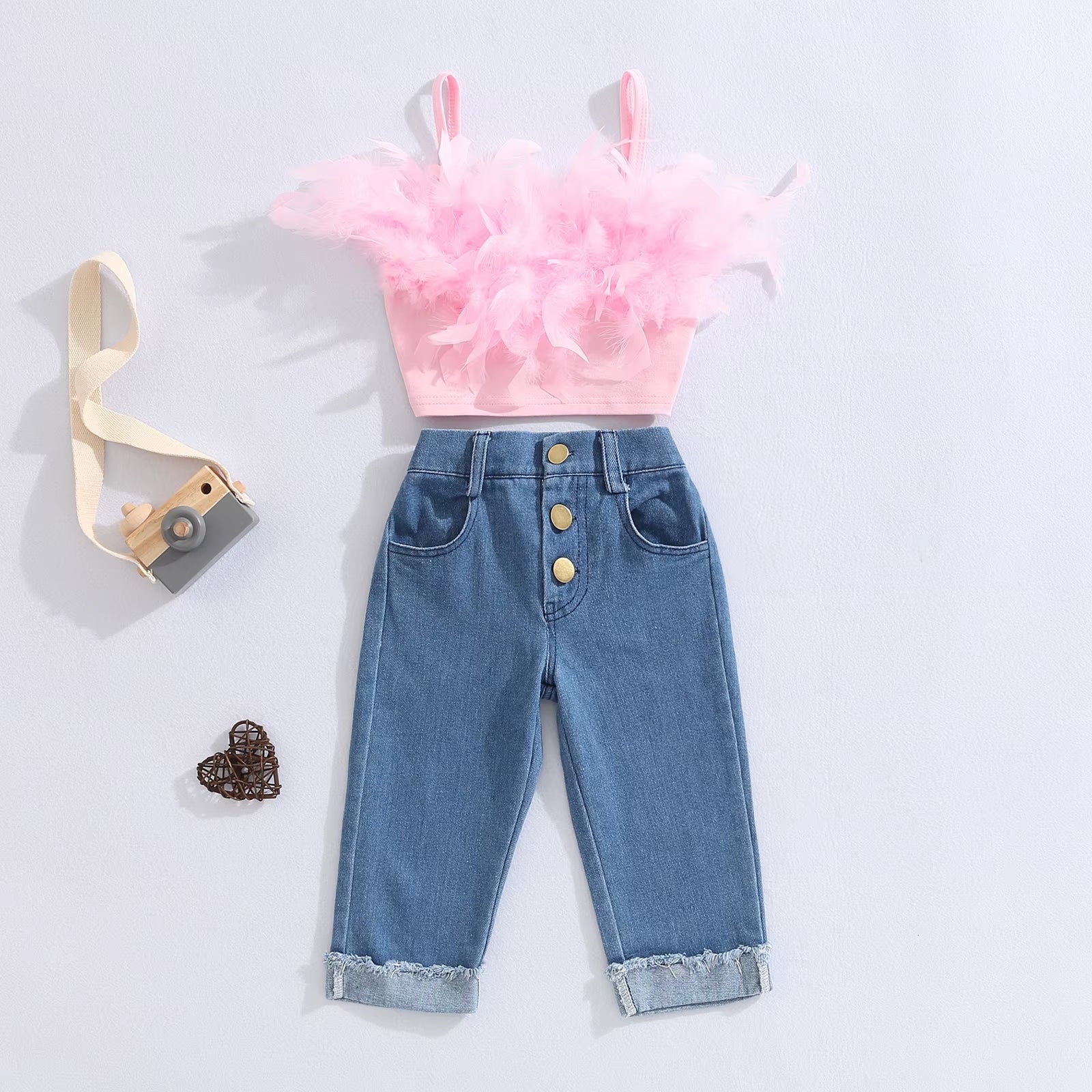 Girls Summer Clothing Outfit Sets Fashion Kid Children Pink Sleeveless Feather Camisole + Denim Pants with Pockets