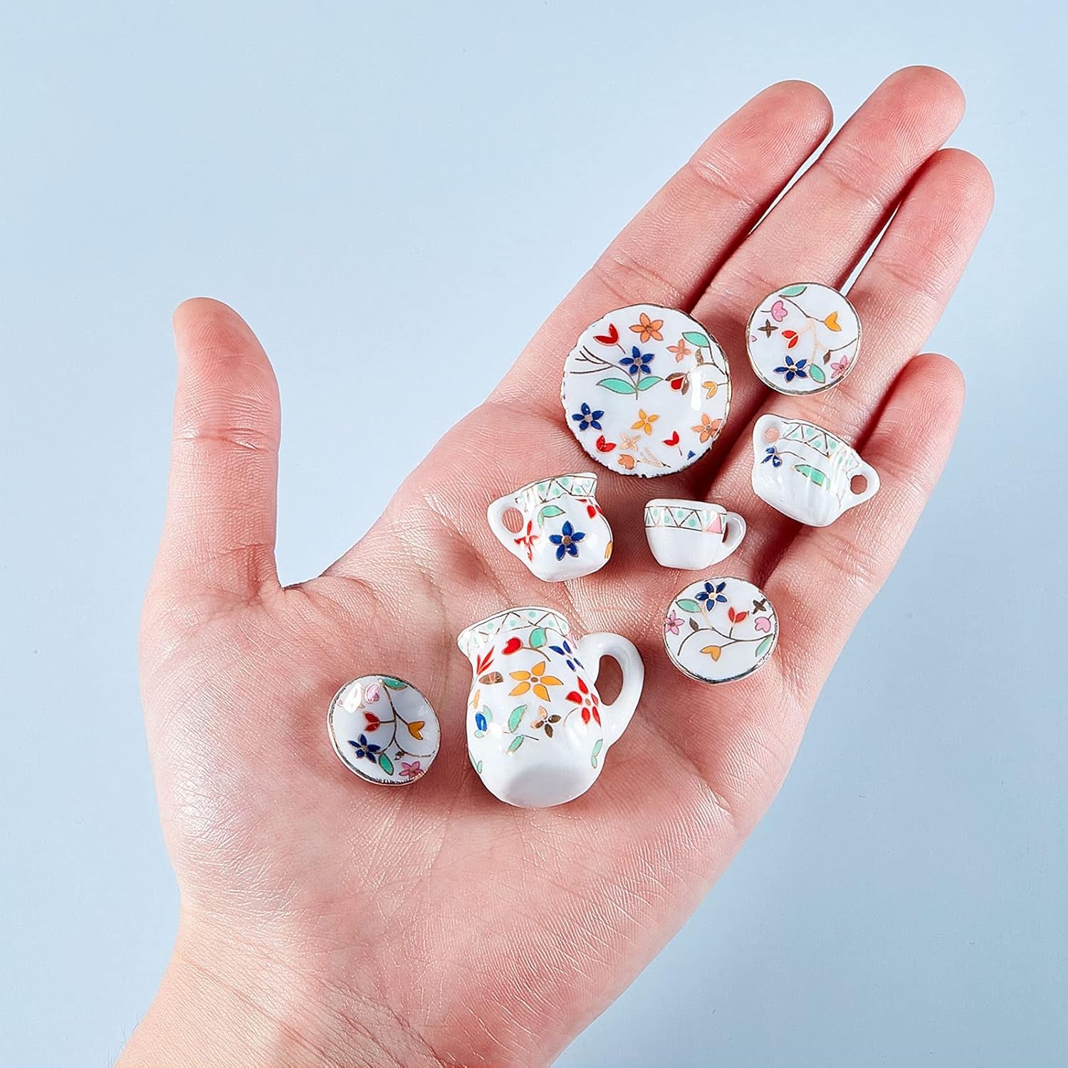 15 Pieces Miniature Porcelain Tea Cup Set Kitchen Miniature Porcelain Set Mini Flower Pattern Teapot Cup Plates Set Dollhouse Kitchen Accessories Set (Bright Floral Style)