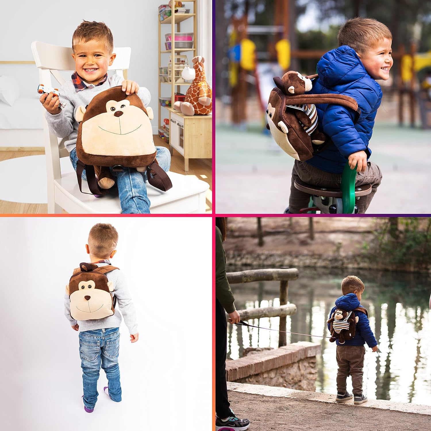 Cute Monkey Backpack with Leash Kids Stuffed Animal Backpack for Boys and Girls 2-5 Years Old with Plush Toy (Brown)