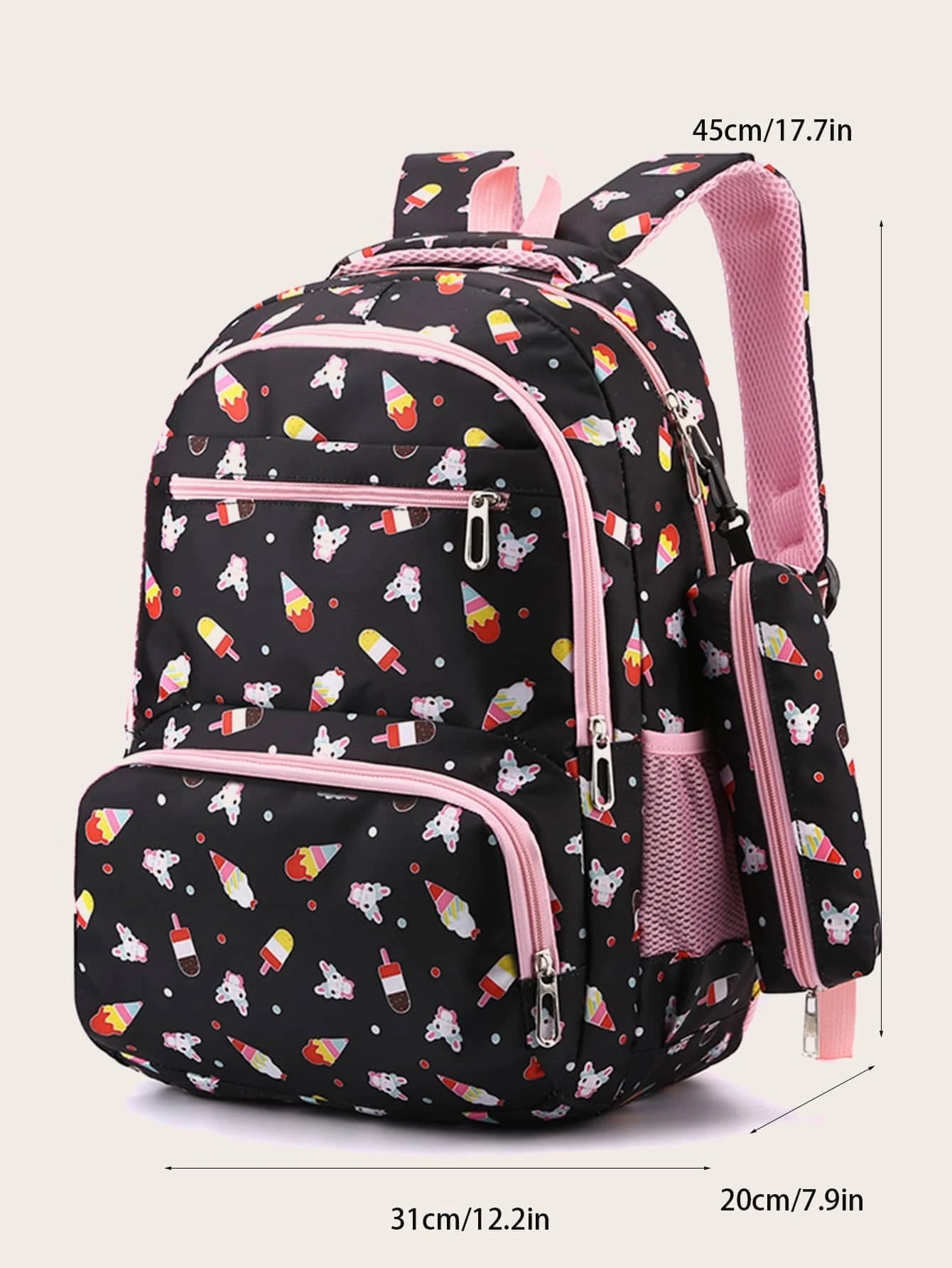 3Pcs Ice Cream Pattern Fashionable Backpack with Shoulder Bag and Coin Purse
