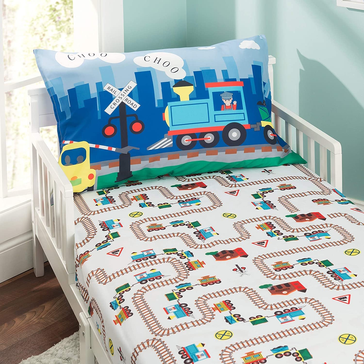 Toddler Fitted Sheet and Pillowcase Set -Choo Choo Train- Soft Breathable Microfiber Toddler Sheet Set