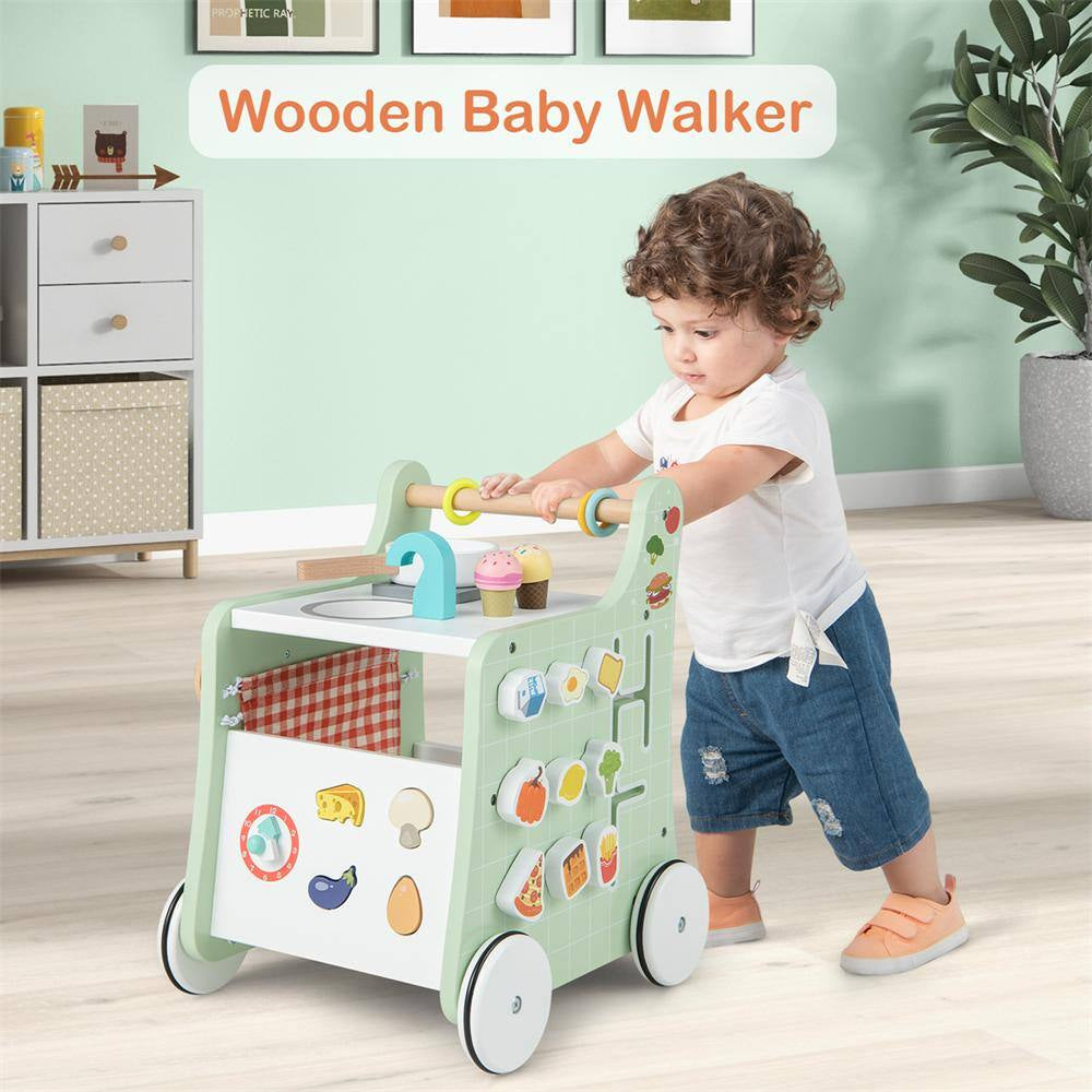 6-In-1 Baby Push Walker Wooden Strollers Learning Activity Center Toy with Kitchen in Green and White