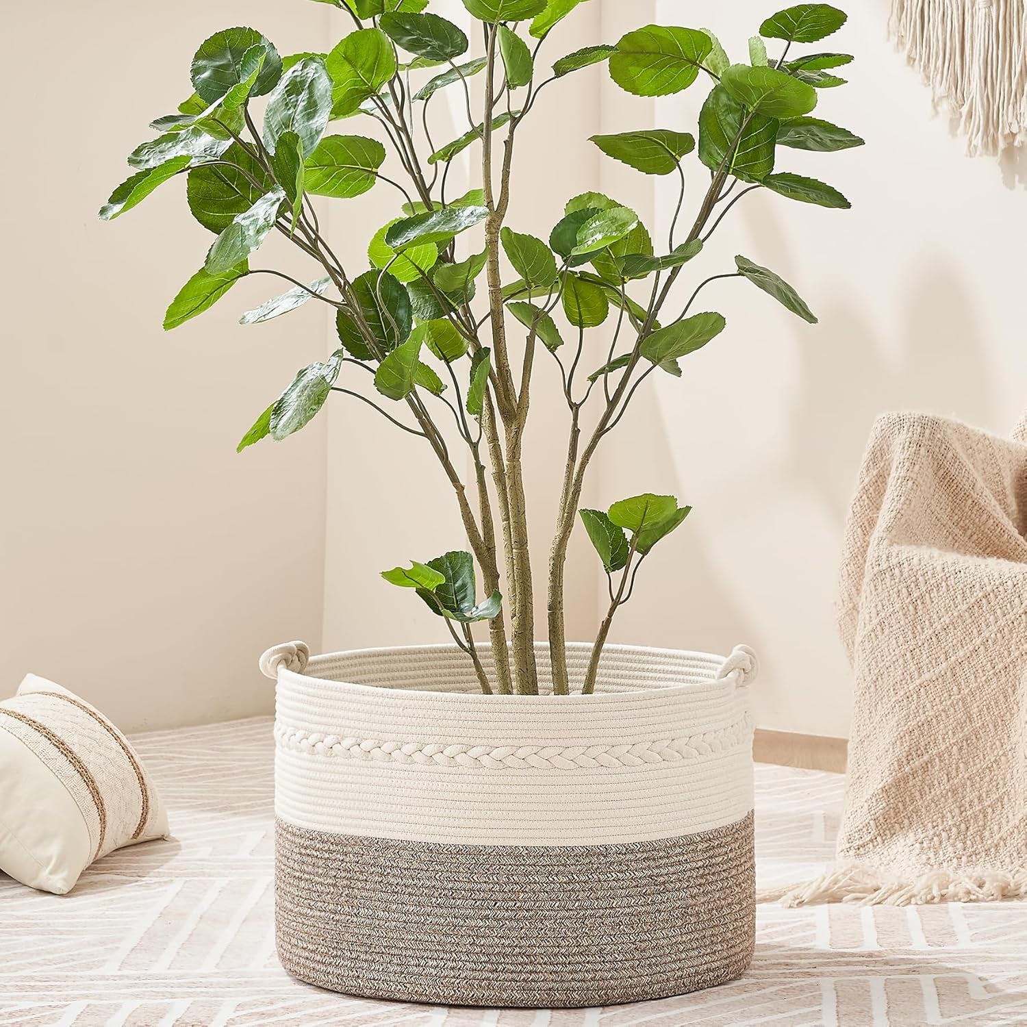 Large Blanket Basket (20"X13"),Woven Baskets for Storage Baby Laundry Hamper, Cotton Rope Blanket Basket for Living Room, Laundry, Nursery, Pillows, Baby Toy Chest (White/Beige)