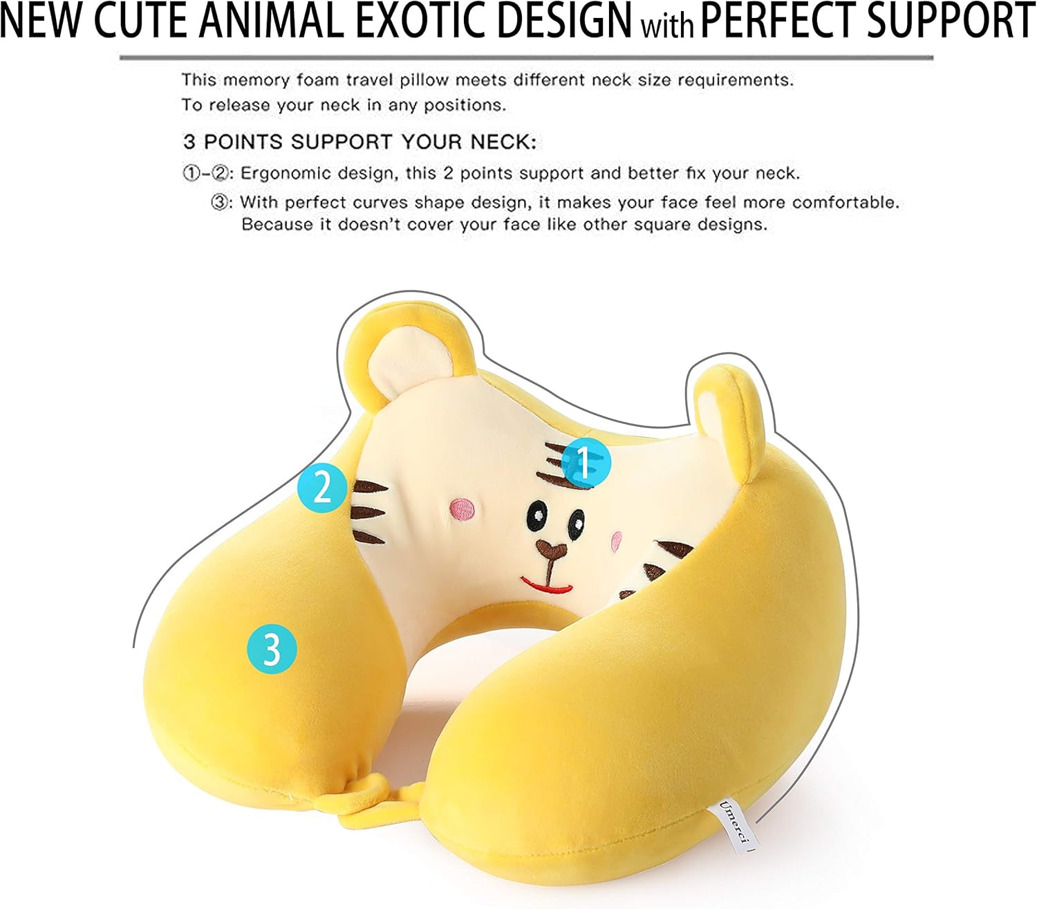 Travel Pillow, Memory Foam Neck Pillow with 360-Degree Head Support Comfortable Airplane Pillow with Storage Bag Lightweight Traveling Pillow for Sleeping, Car, Train, Bus and Home Use (Tiger)